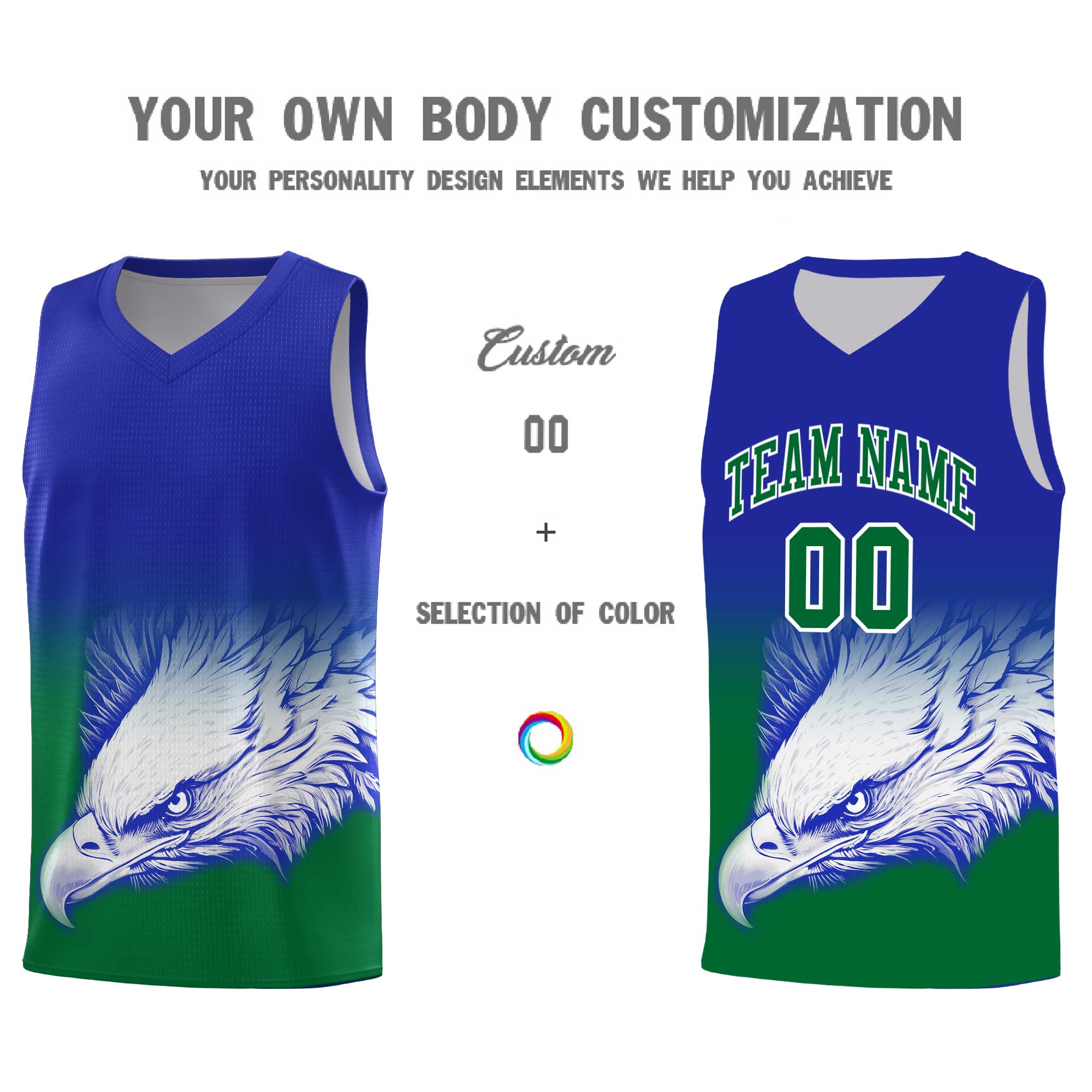 Custom Royal Kelly Green Eagle Pattern Graffiti Pattern Sports Uniform Basketball Jersey