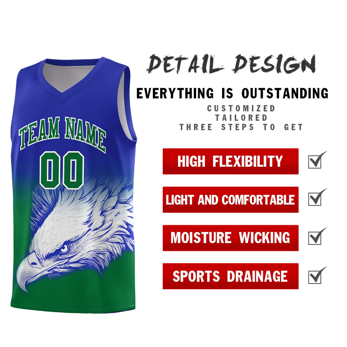 Custom Royal Kelly Green Eagle Pattern Graffiti Pattern Sports Uniform Basketball Jersey