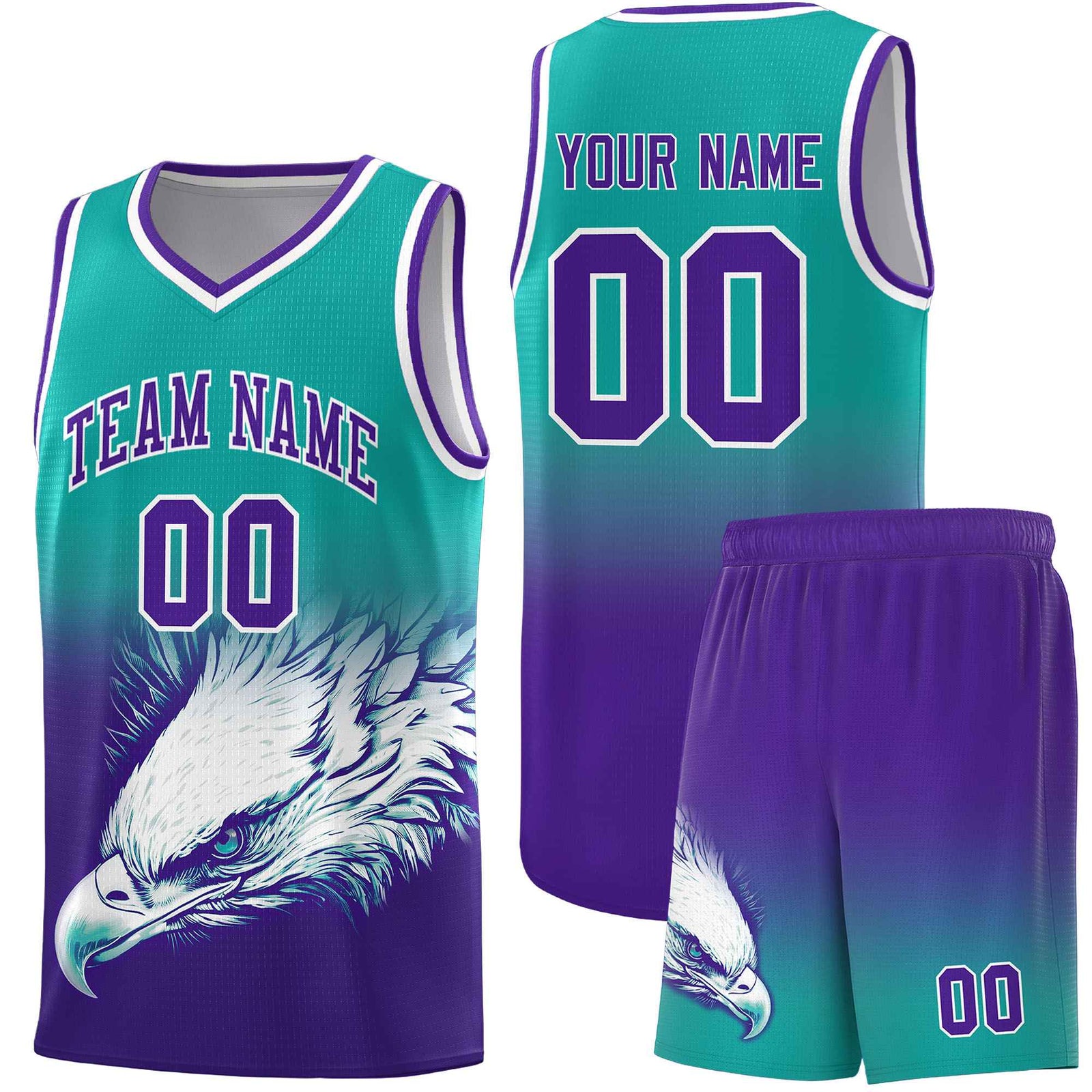 Custom Aqua Purple Eagle Pattern Graffiti Pattern Sports Uniform Basketball Jersey