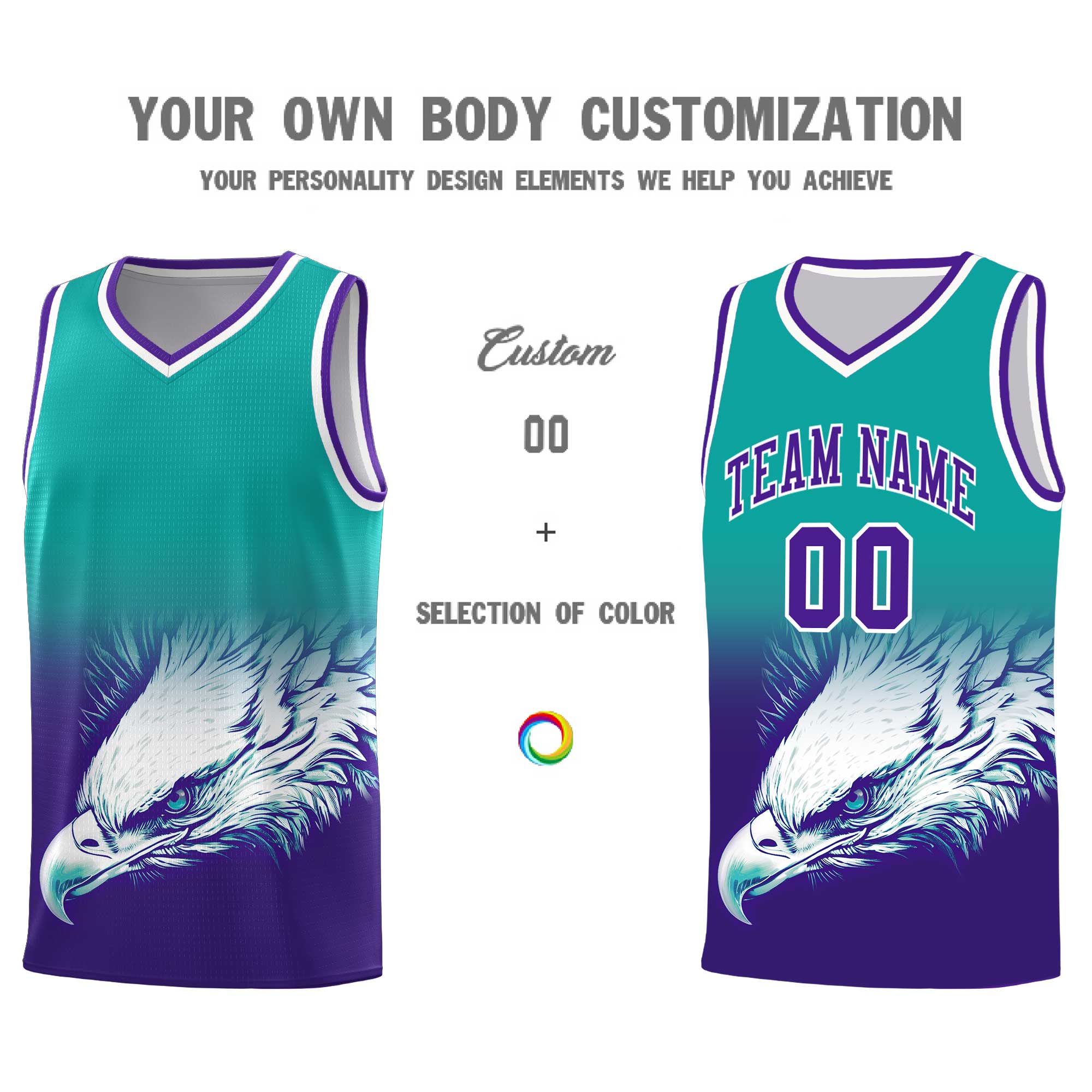 Custom Aqua Purple Eagle Pattern Graffiti Pattern Sports Uniform Basketball Jersey