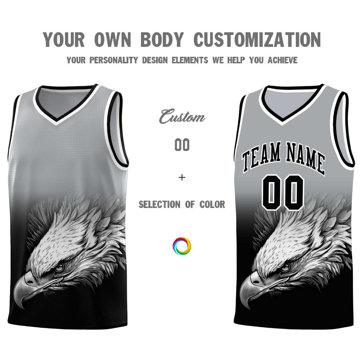 Custom Gray Black Eagle Pattern Graffiti Pattern Sports Uniform Basketball Jersey