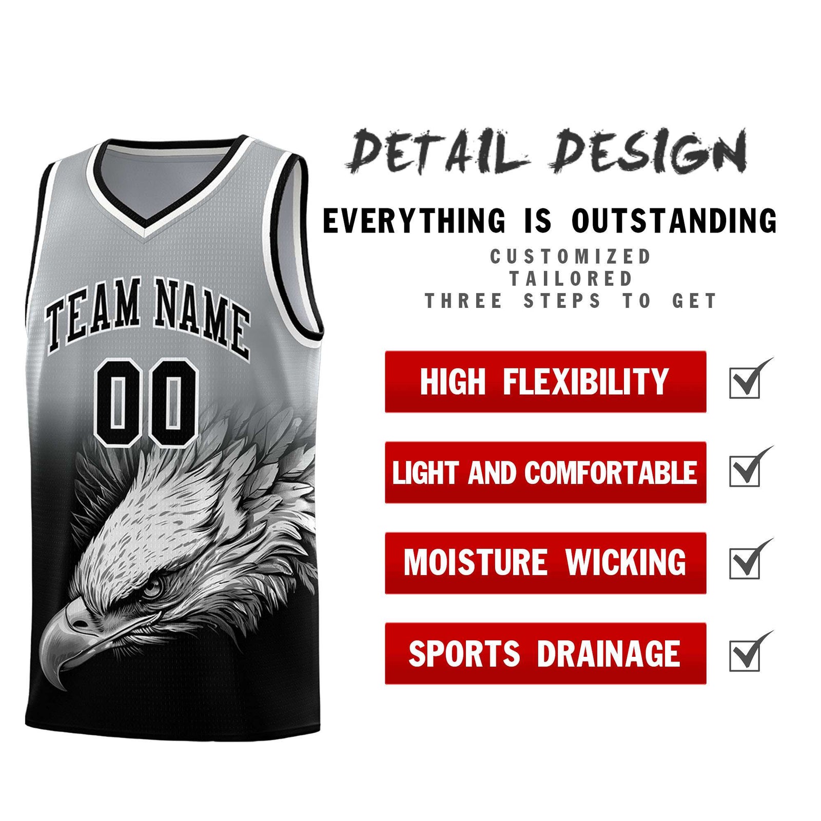 Custom Gray Black Eagle Pattern Graffiti Pattern Sports Uniform Basketball Jersey