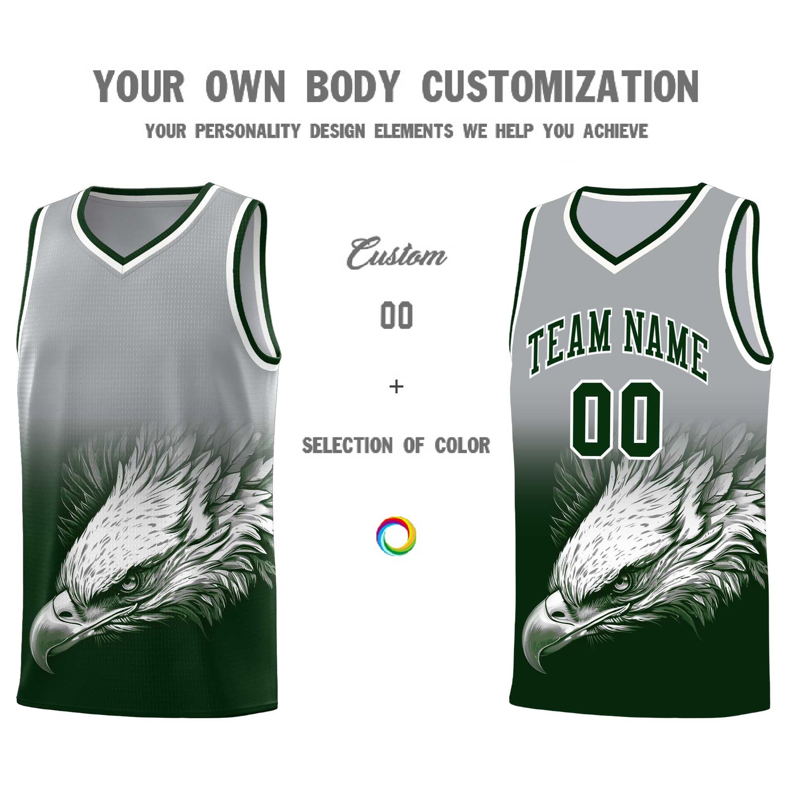Custom Gray Green Eagle Pattern Graffiti Pattern Sports Uniform Basketball Jersey
