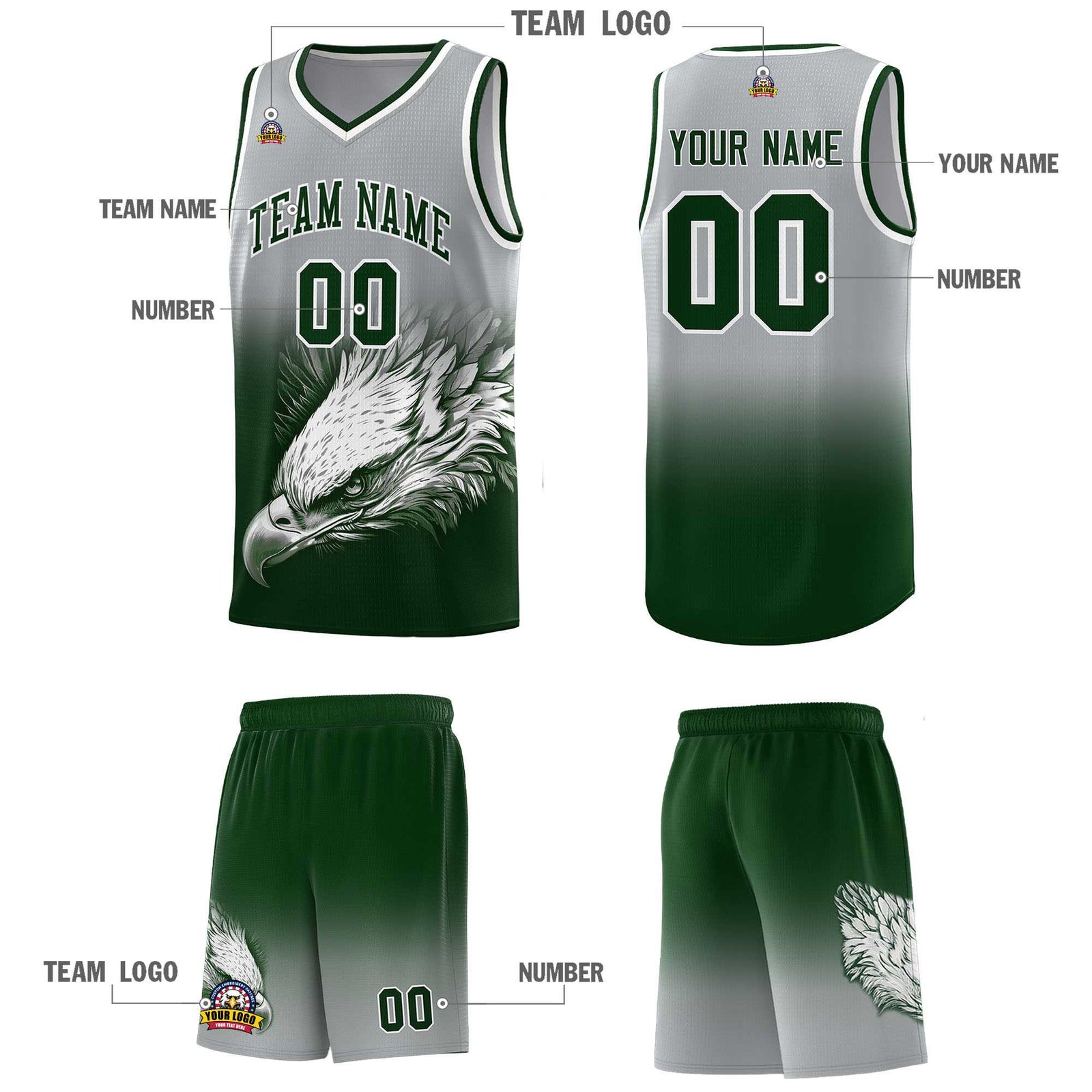 Custom Gray Green Eagle Pattern Graffiti Pattern Sports Uniform Basketball Jersey