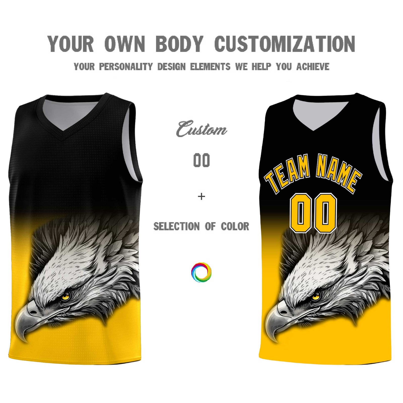 Custom Black Yellow Eagle Pattern Graffiti Pattern Sports Uniform Basketball Jersey