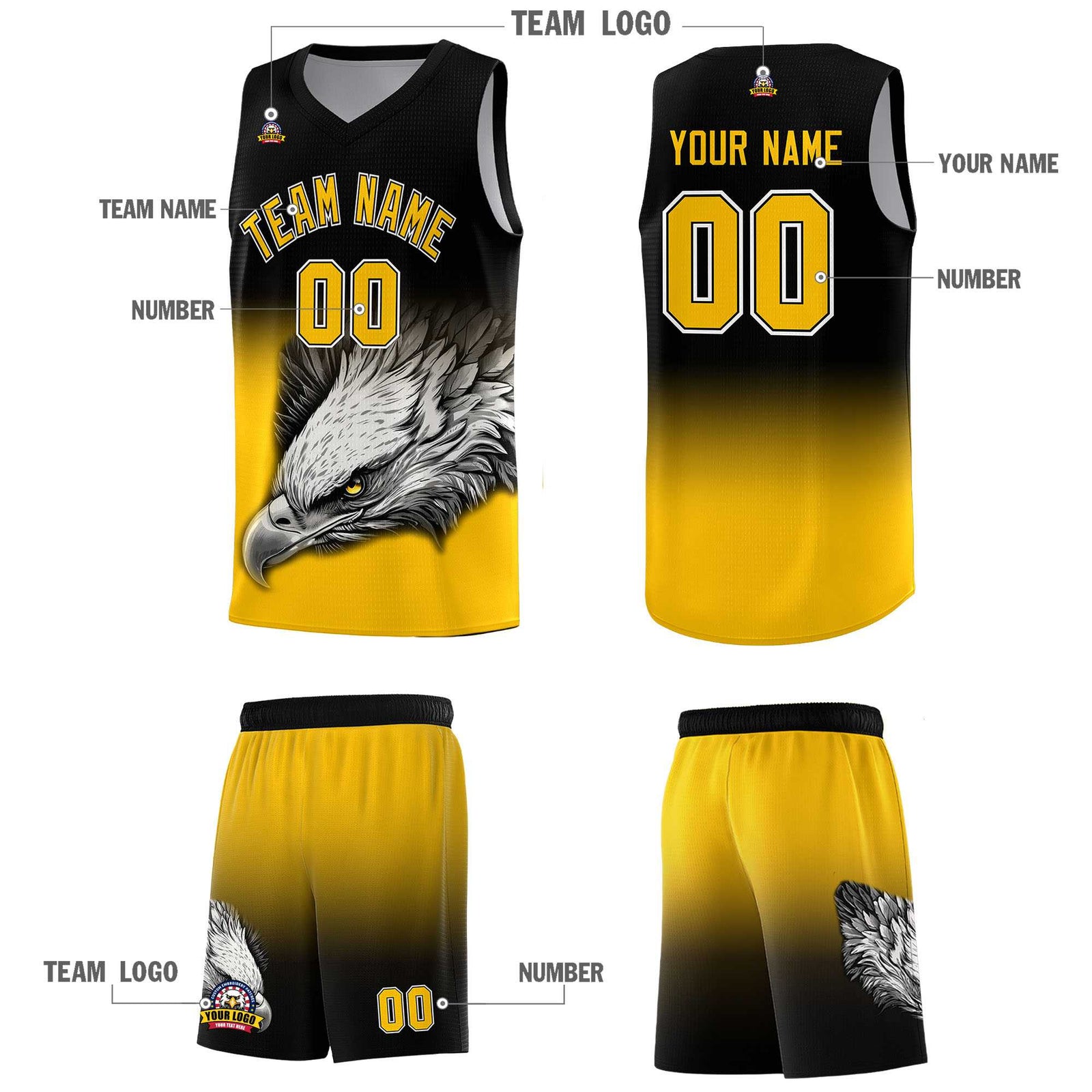Custom Black Yellow Eagle Pattern Graffiti Pattern Sports Uniform Basketball Jersey