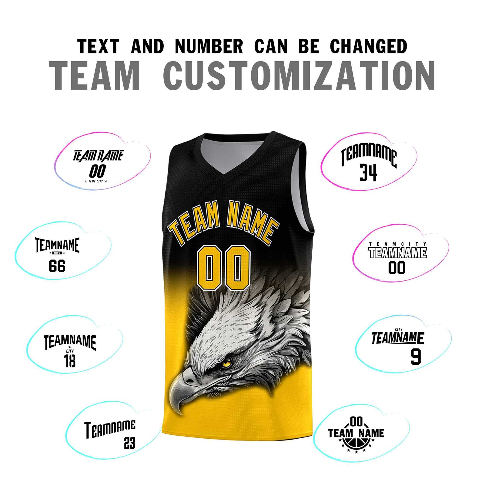 Custom Black Yellow Eagle Pattern Graffiti Pattern Sports Uniform Basketball Jersey