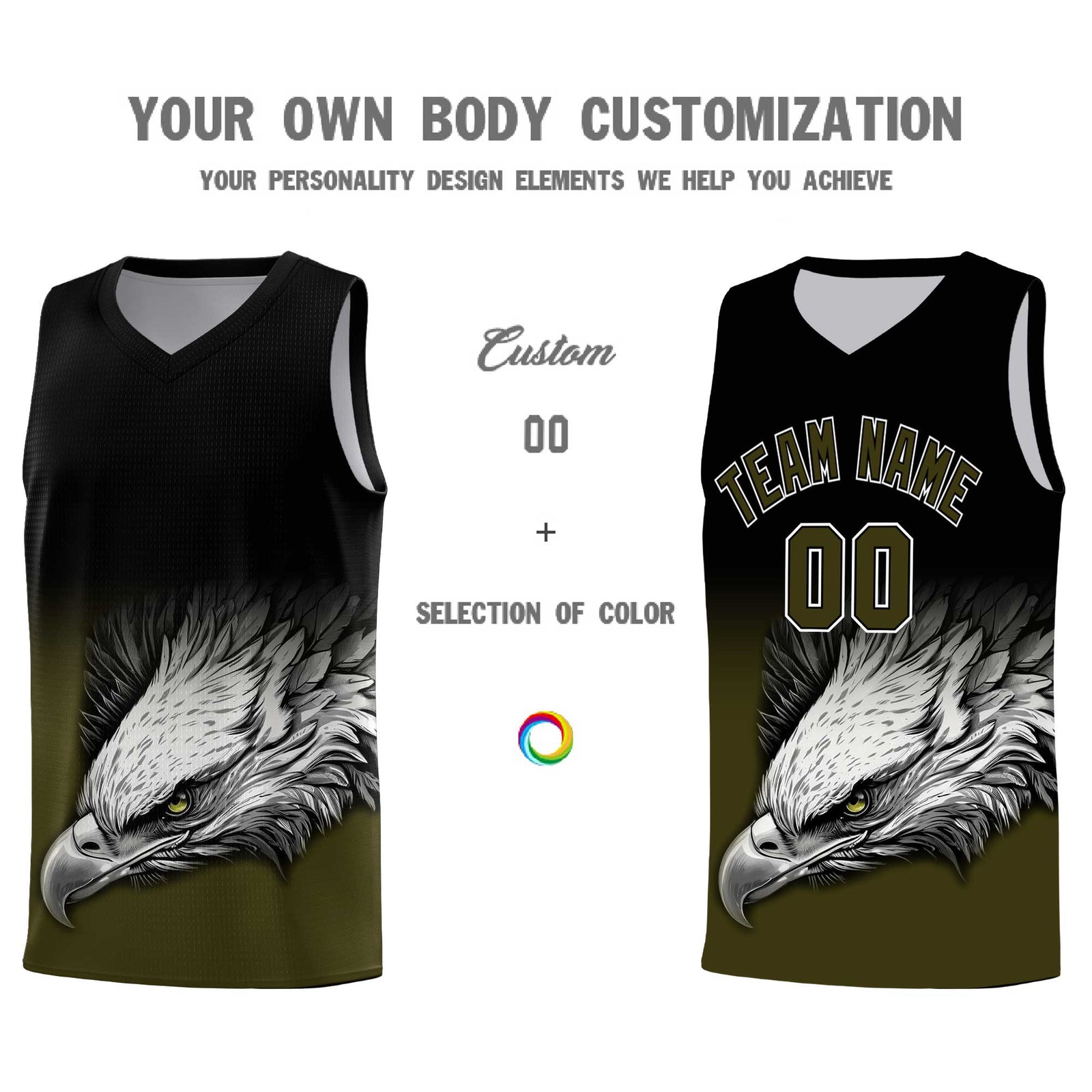 Custom Black Olive Eagle Pattern Graffiti Pattern Sports Uniform Basketball Jersey