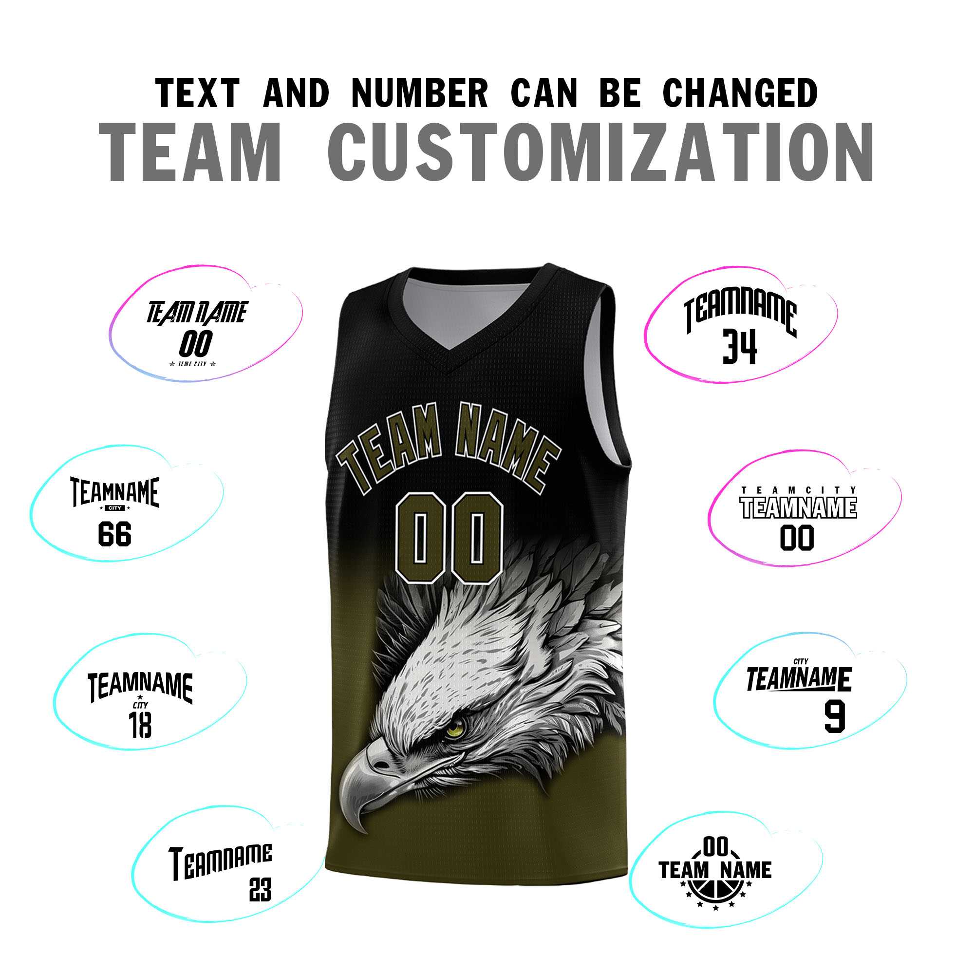 Custom Black Olive Eagle Pattern Graffiti Pattern Sports Uniform Basketball Jersey