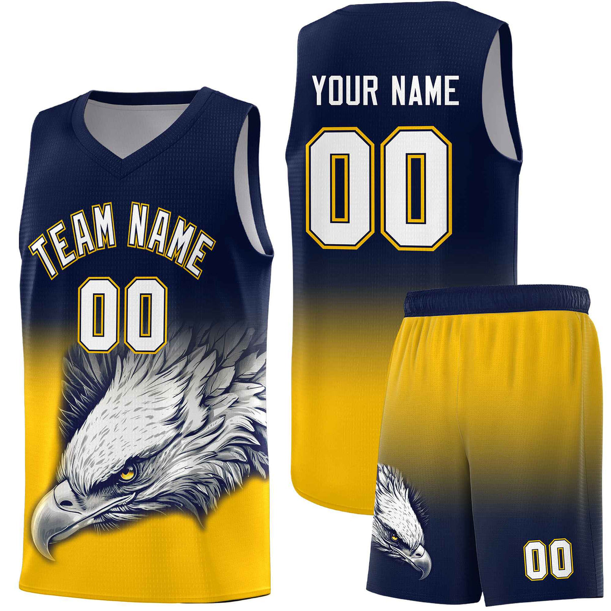Custom Navy Yellow Eagle Pattern Graffiti Pattern Sports Uniform Basketball Jersey