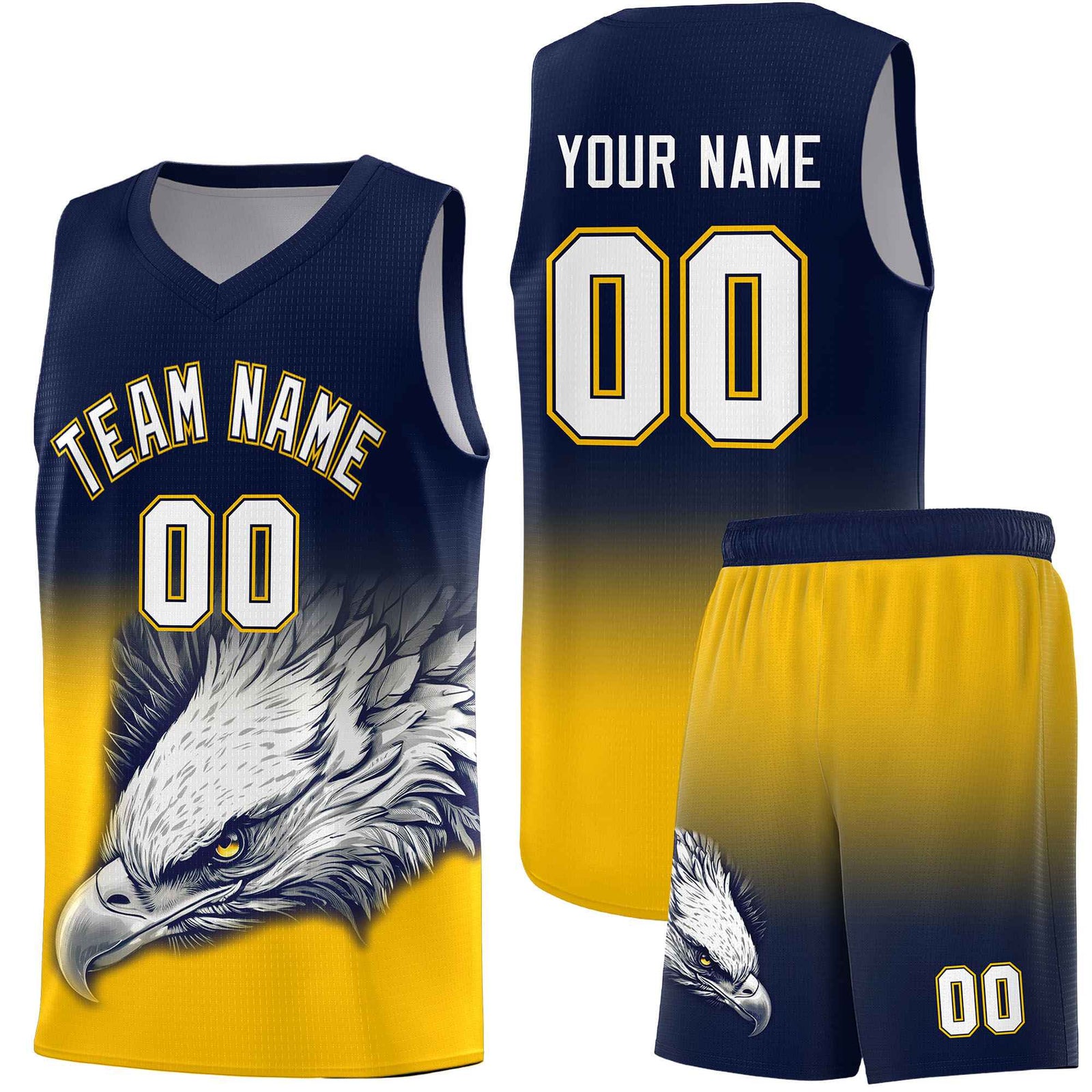 Custom Navy Yellow Eagle Pattern Graffiti Pattern Sports Uniform Basketball Jersey