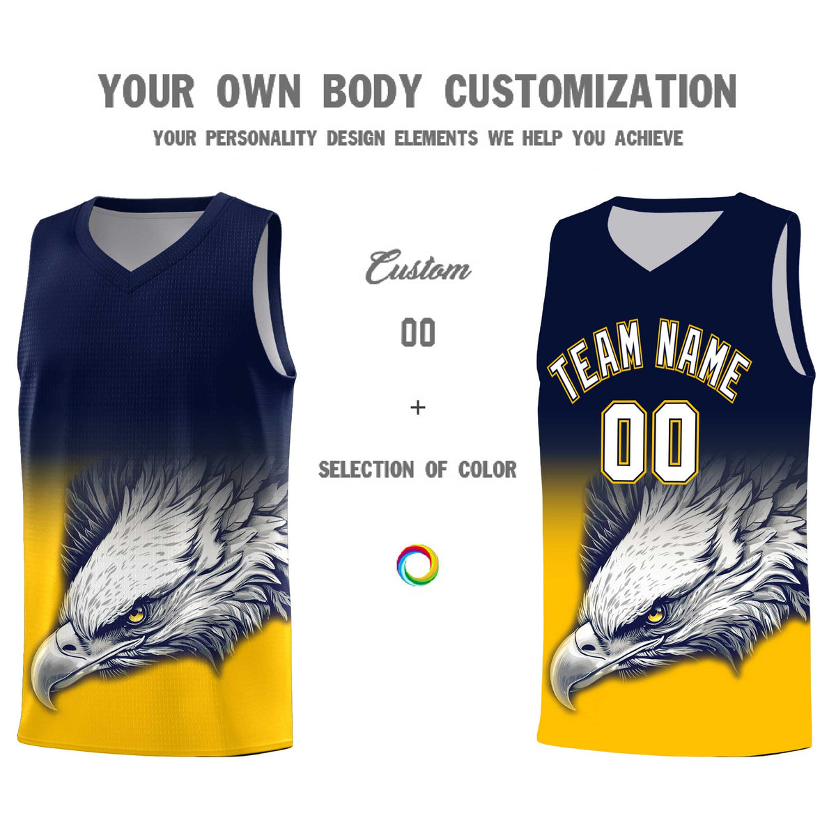 Custom Navy Yellow Eagle Pattern Graffiti Pattern Sports Uniform Basketball Jersey