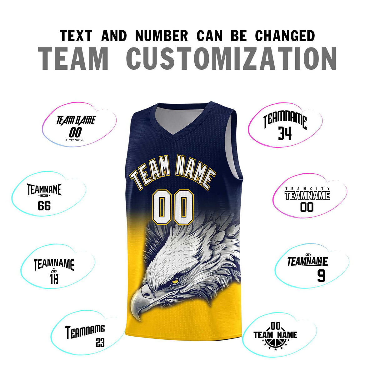 Custom Navy Yellow Eagle Pattern Graffiti Pattern Sports Uniform Basketball Jersey