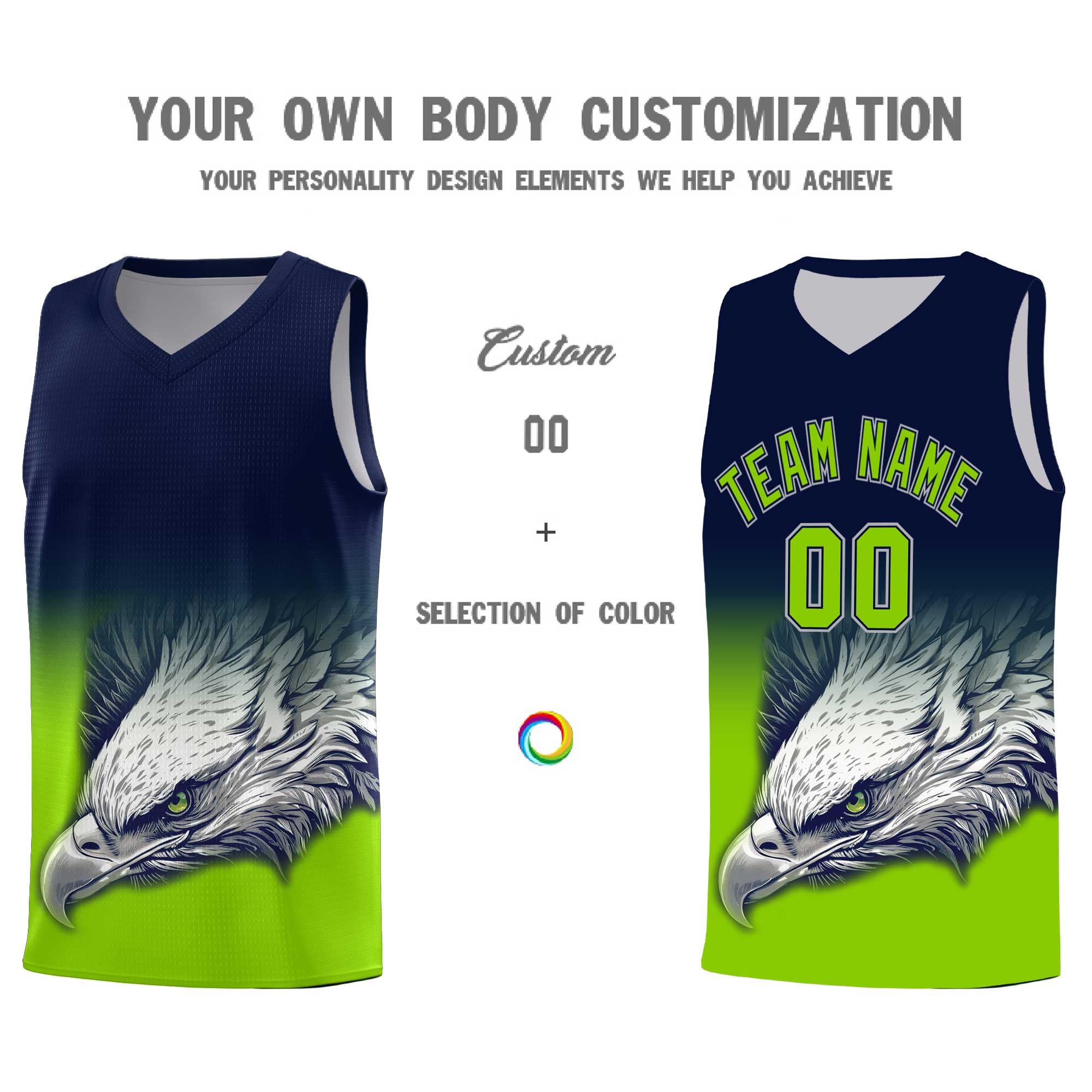 Custom Navy Neon Green Eagle Pattern Graffiti Pattern Sports Uniform Basketball Jersey