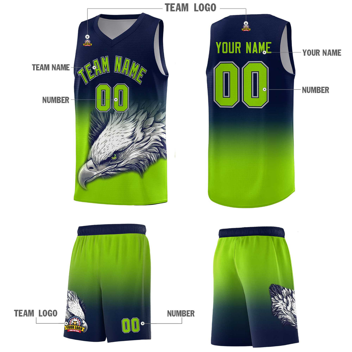 Custom Navy Neon Green Eagle Pattern Graffiti Pattern Sports Uniform Basketball Jersey