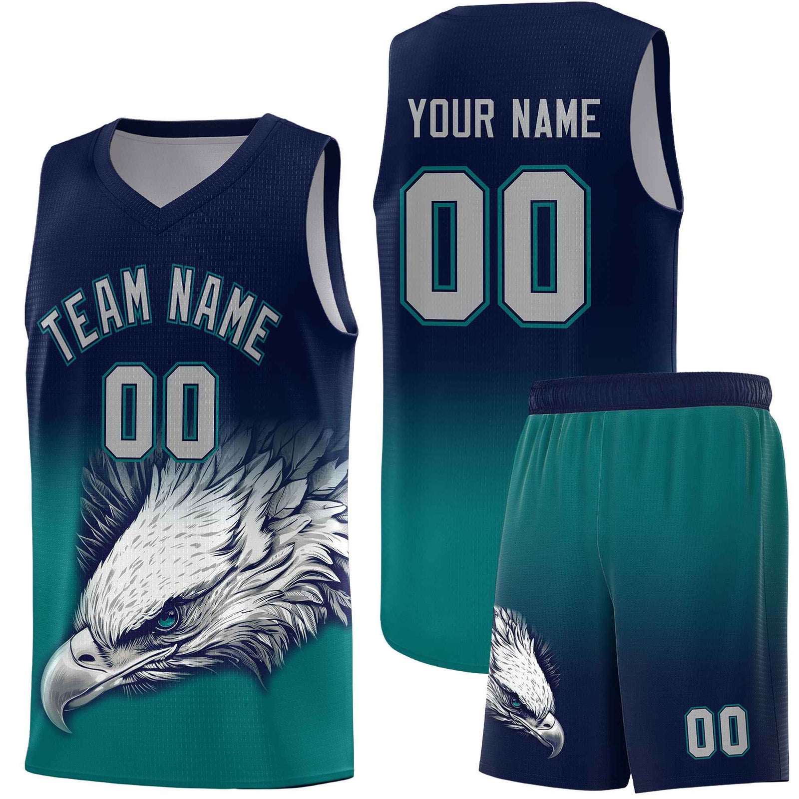 Custom Navy Teal Eagle Pattern Graffiti Pattern Sports Uniform Basketball Jersey