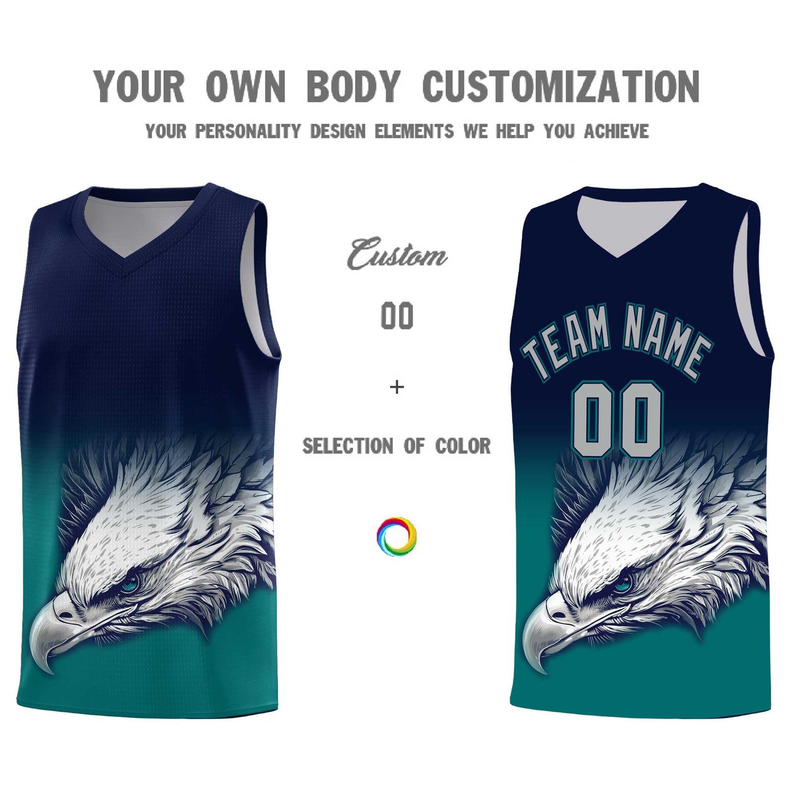 Custom Navy Teal Eagle Pattern Graffiti Pattern Sports Uniform Basketball Jersey