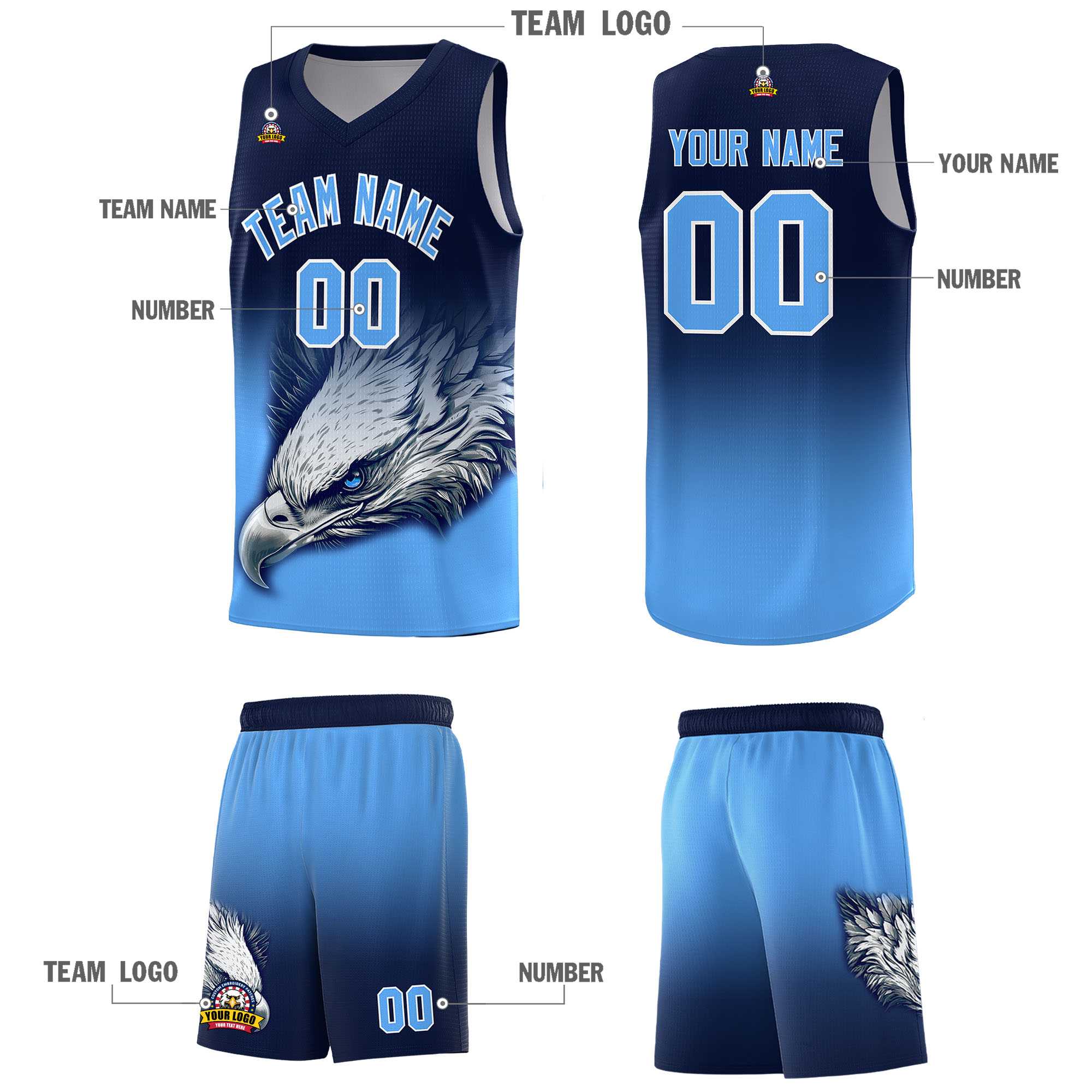 Custom Navy Powder Blue Eagle Pattern Graffiti Pattern Sports Uniform Basketball Jersey
