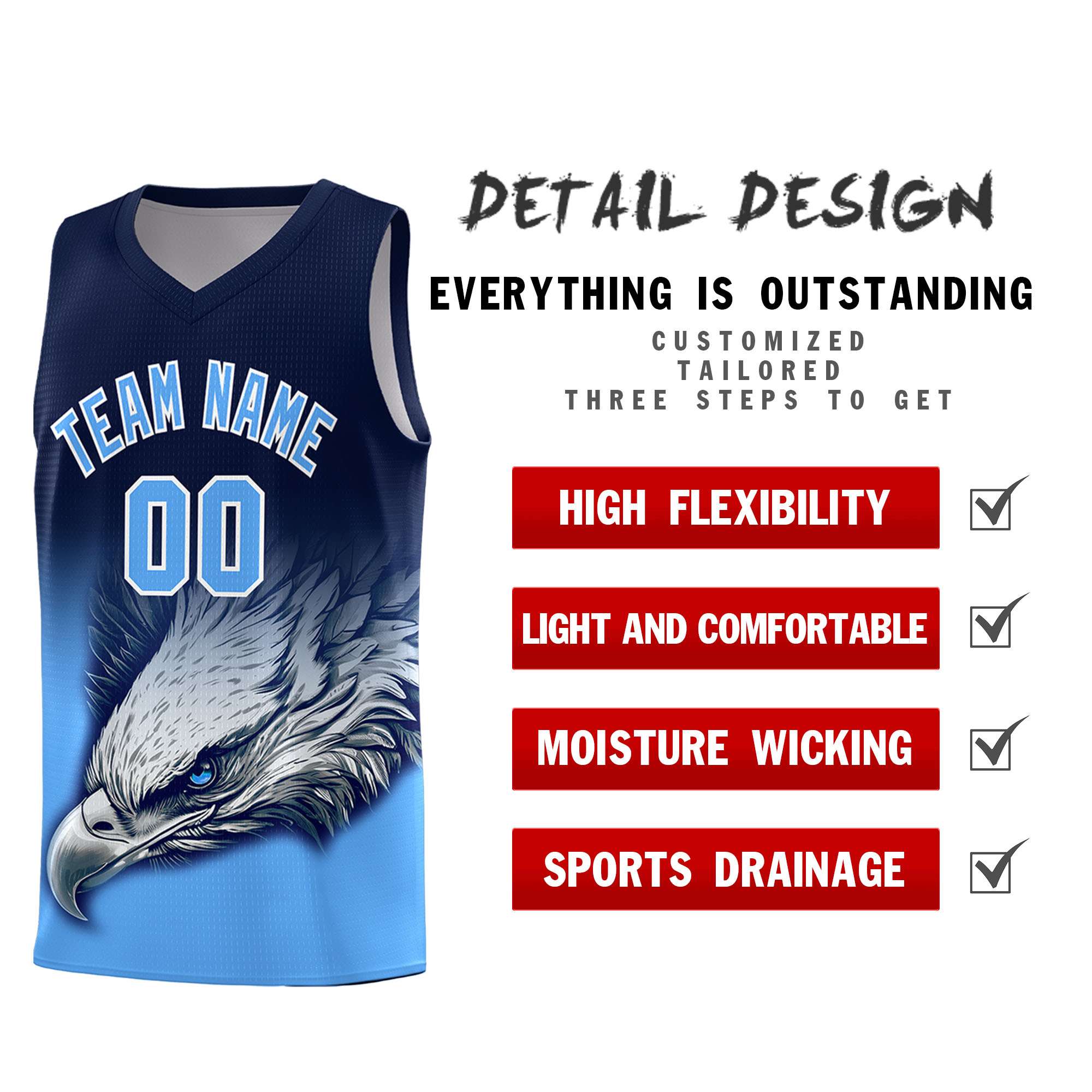 Custom Navy Powder Blue Eagle Pattern Graffiti Pattern Sports Uniform Basketball Jersey