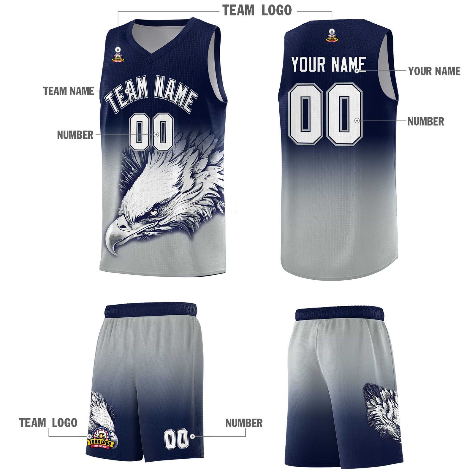 Custom Navy Gray Eagle Pattern Graffiti Pattern Sports Uniform Basketball Jersey