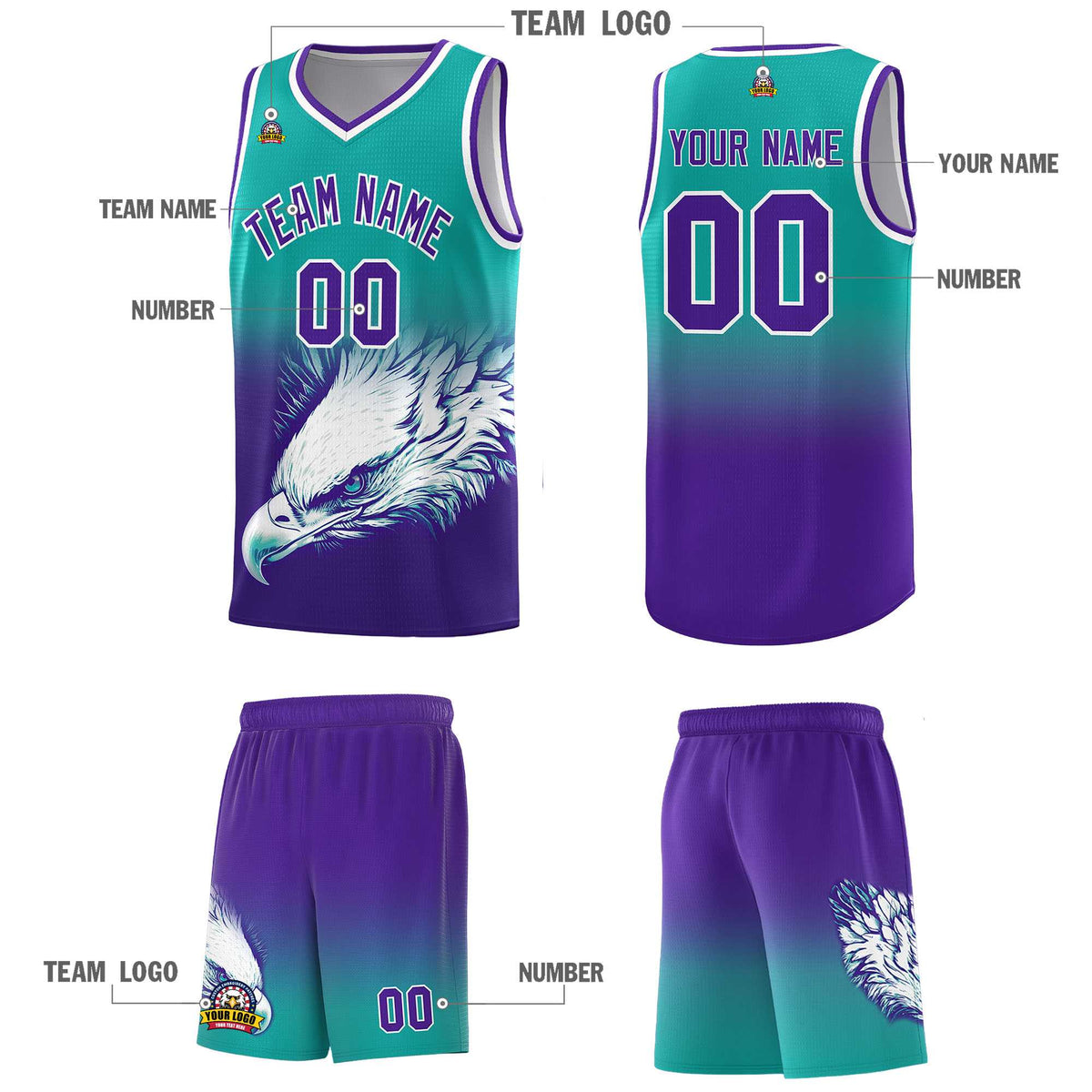 Custom Aqua Purple Eagle Pattern Graffiti Pattern Sports Uniform Basketball Jersey