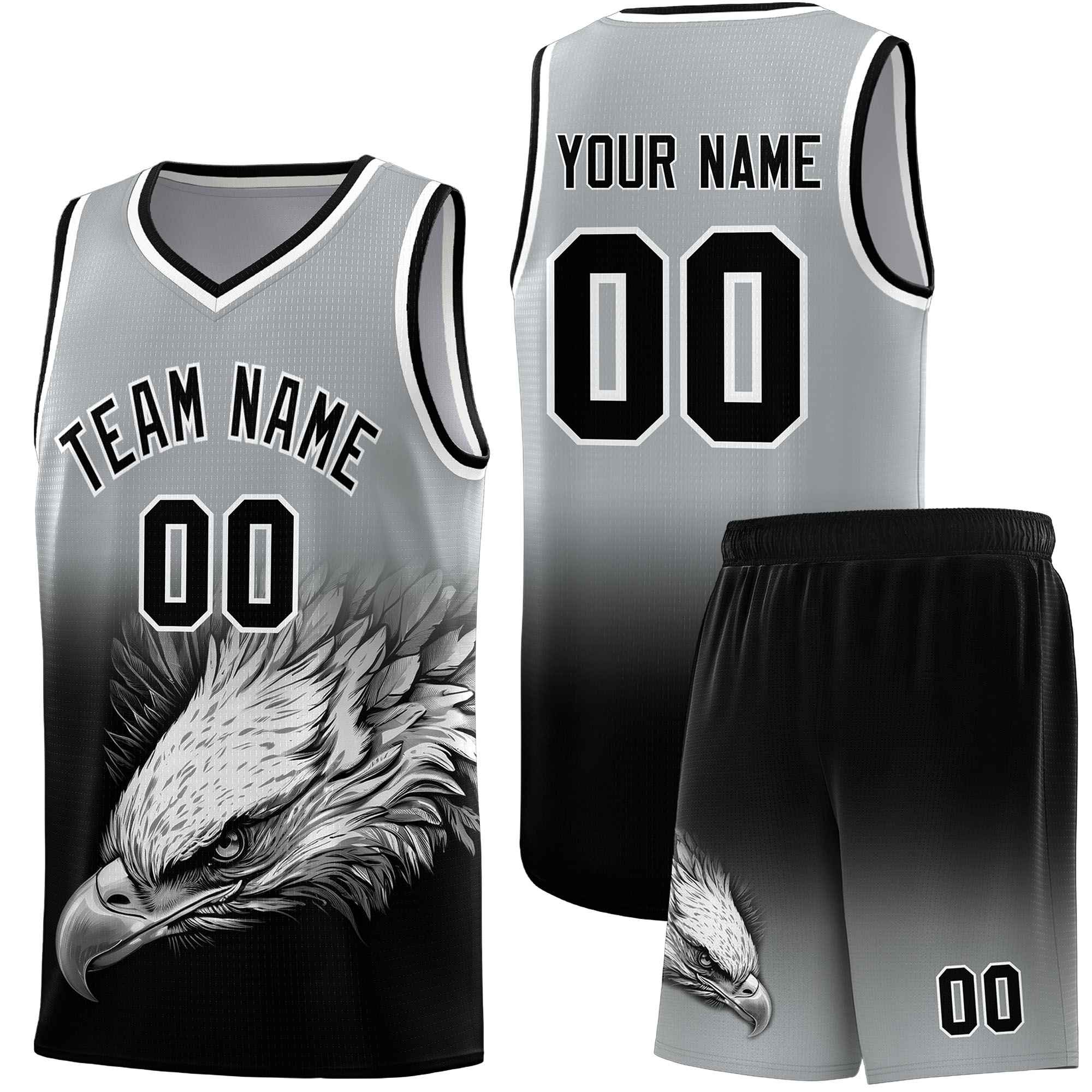 Custom Gray Black Eagle Pattern Graffiti Pattern Sports Uniform Basketball Jersey