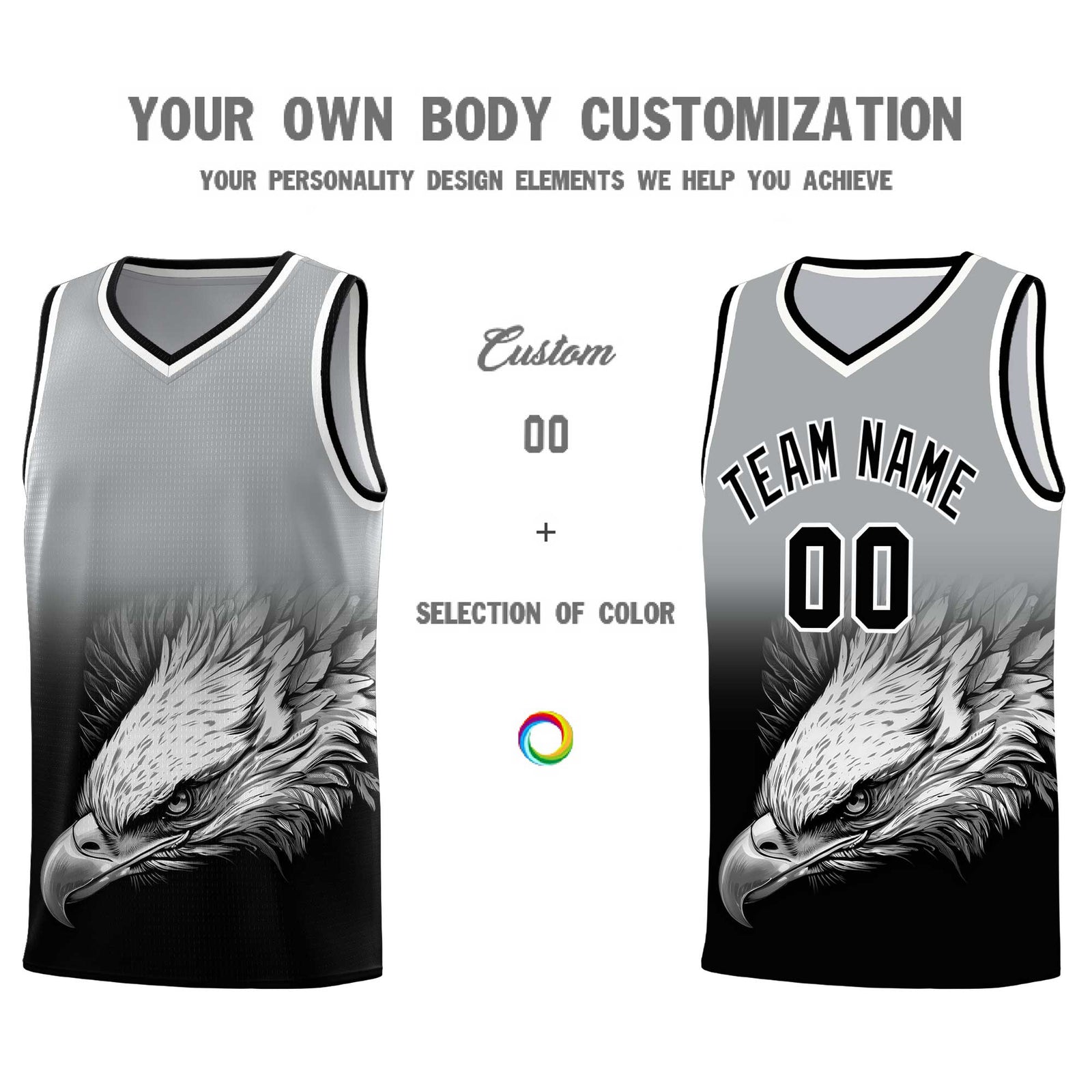 Custom Gray Black Eagle Pattern Graffiti Pattern Sports Uniform Basketball Jersey