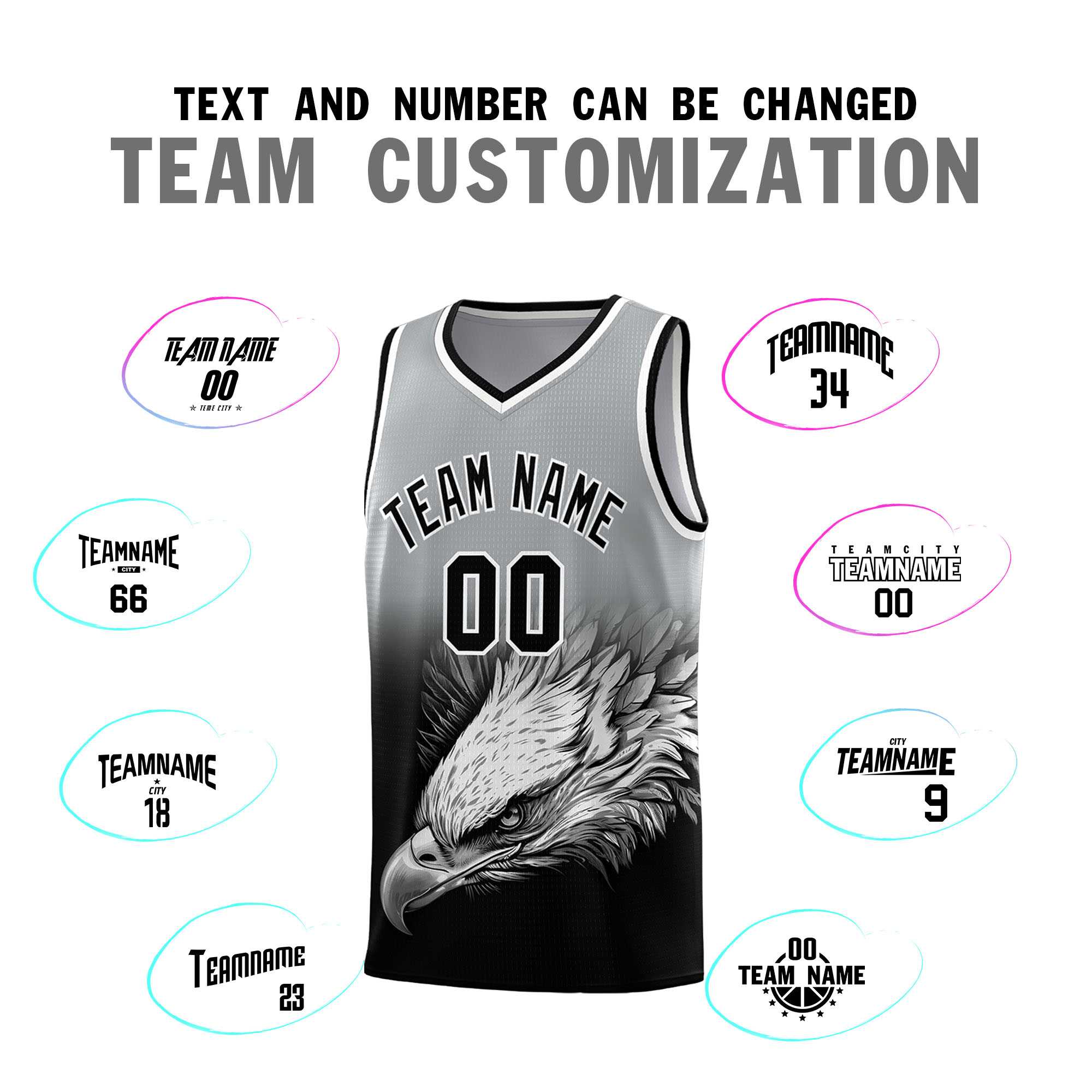 Custom Gray Black Eagle Pattern Graffiti Pattern Sports Uniform Basketball Jersey