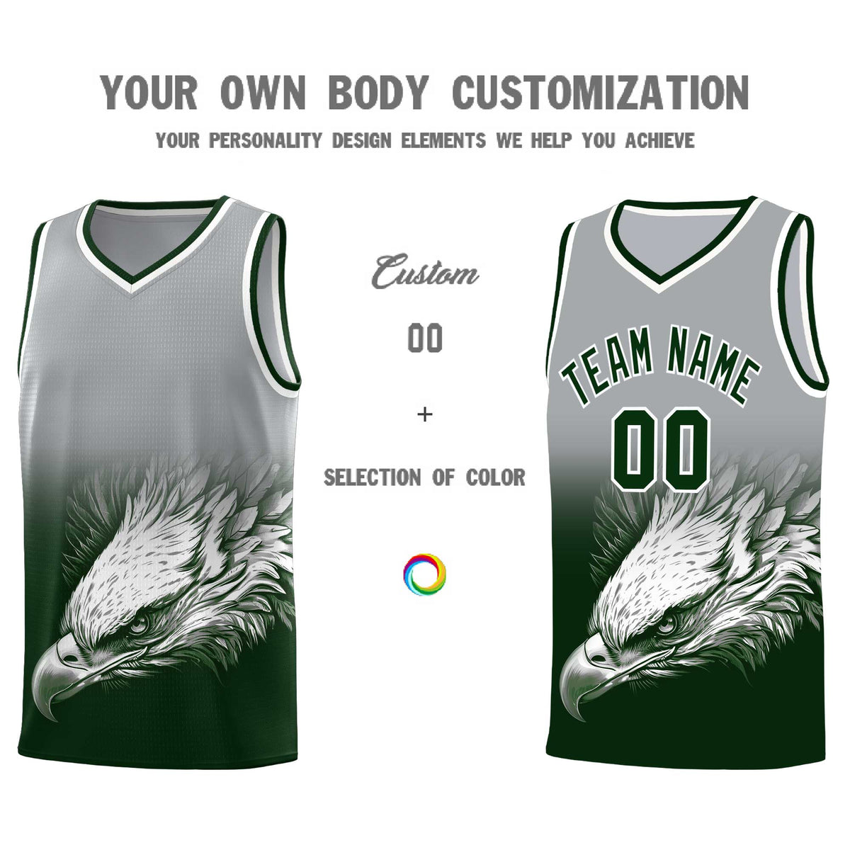 Custom Gray Green Eagle Pattern Graffiti Pattern Sports Uniform Basketball Jersey