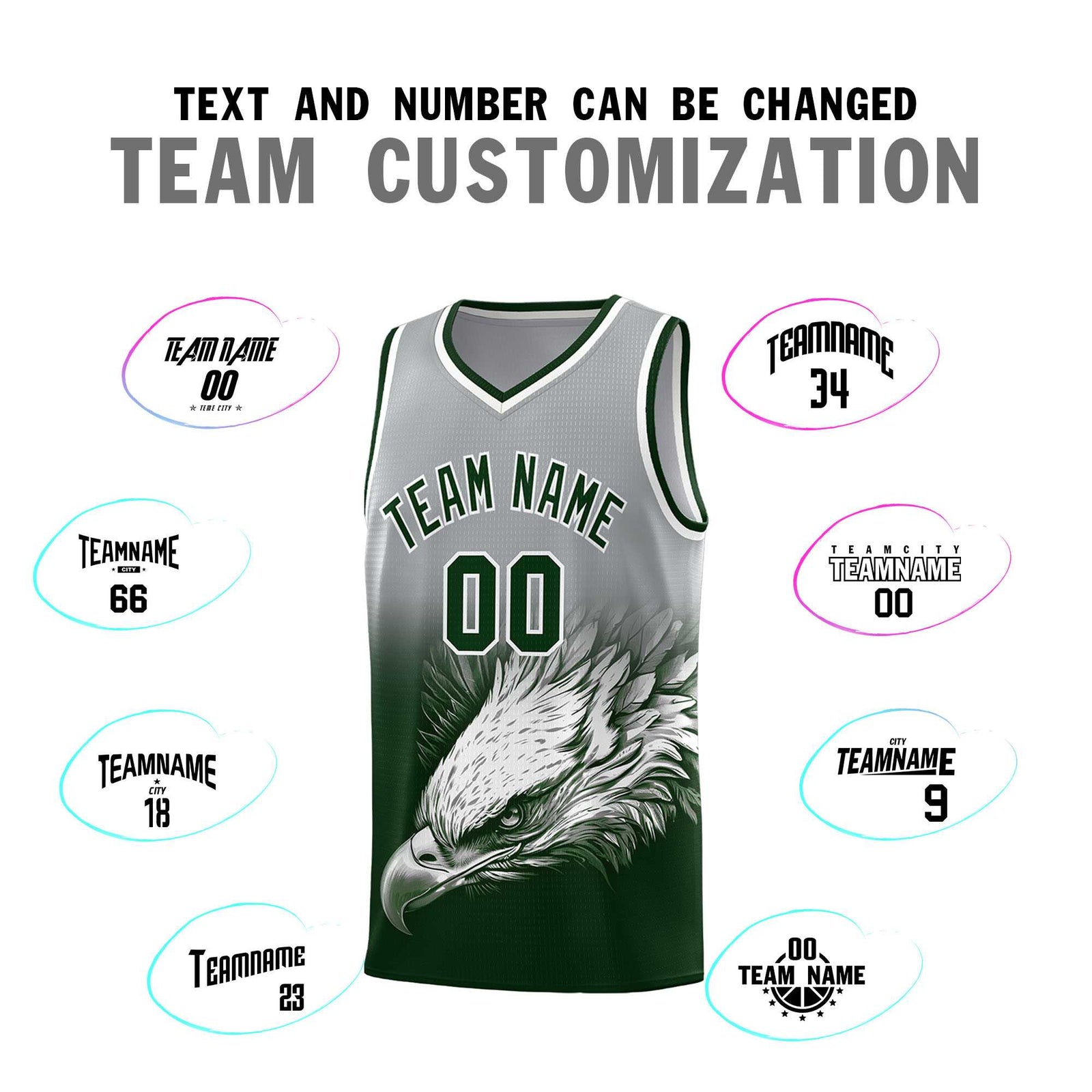 Custom Gray Green Eagle Pattern Graffiti Pattern Sports Uniform Basketball Jersey