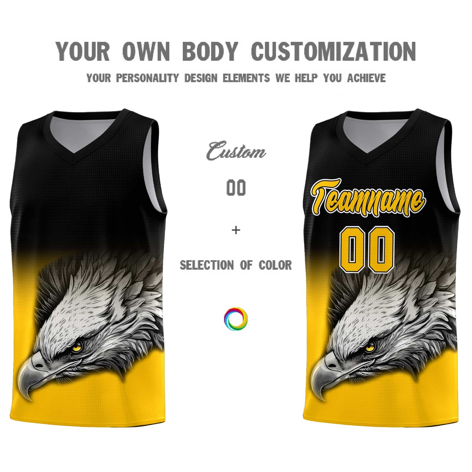 Custom Black Yellow Eagle Pattern Graffiti Pattern Sports Uniform Basketball Jersey
