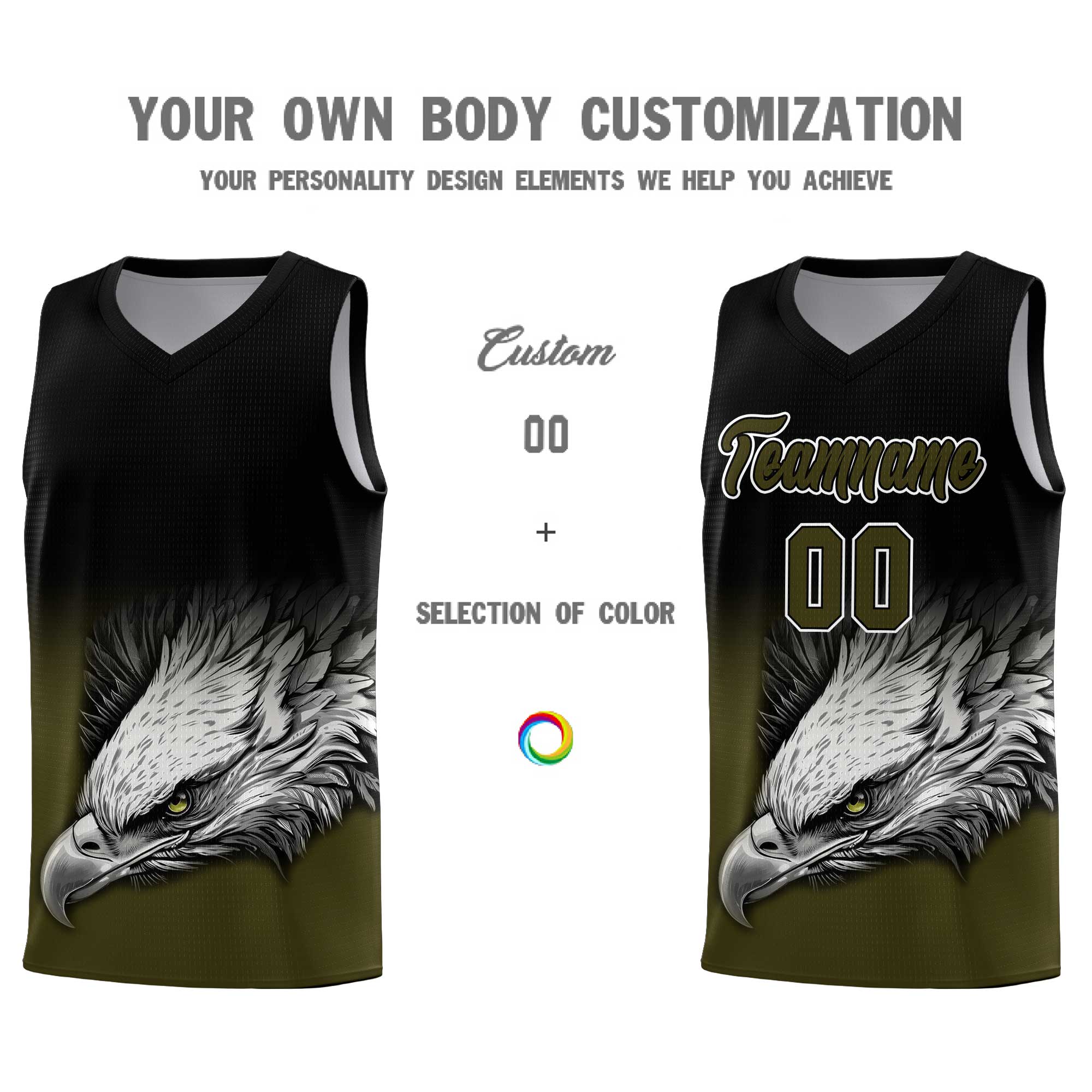 Custom Black Olive Eagle Pattern Graffiti Pattern Sports Uniform Basketball Jersey