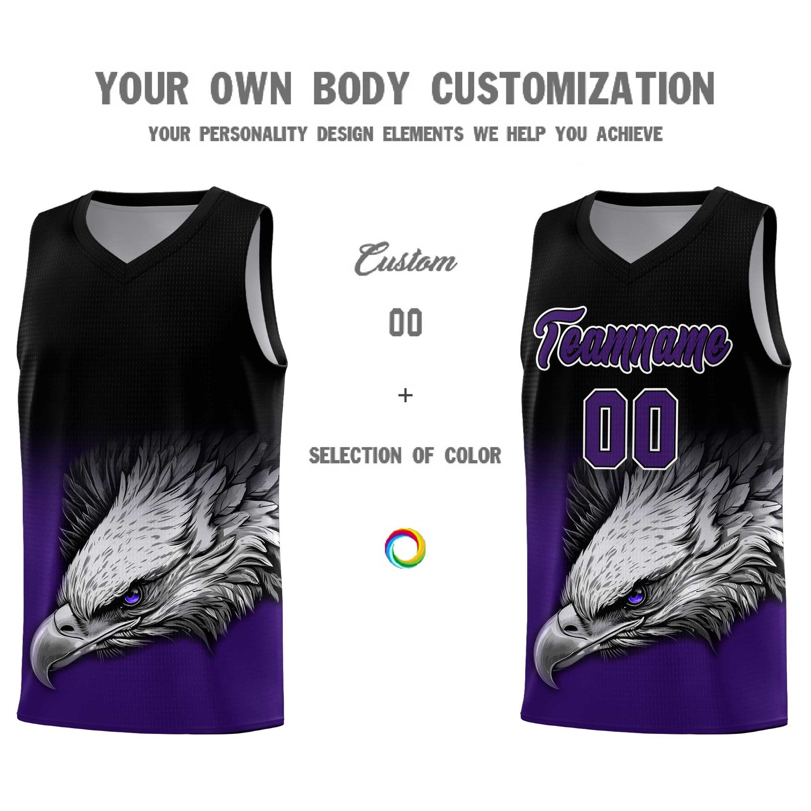 Custom Black Purple Eagle Pattern Graffiti Pattern Sports Uniform Basketball Jersey