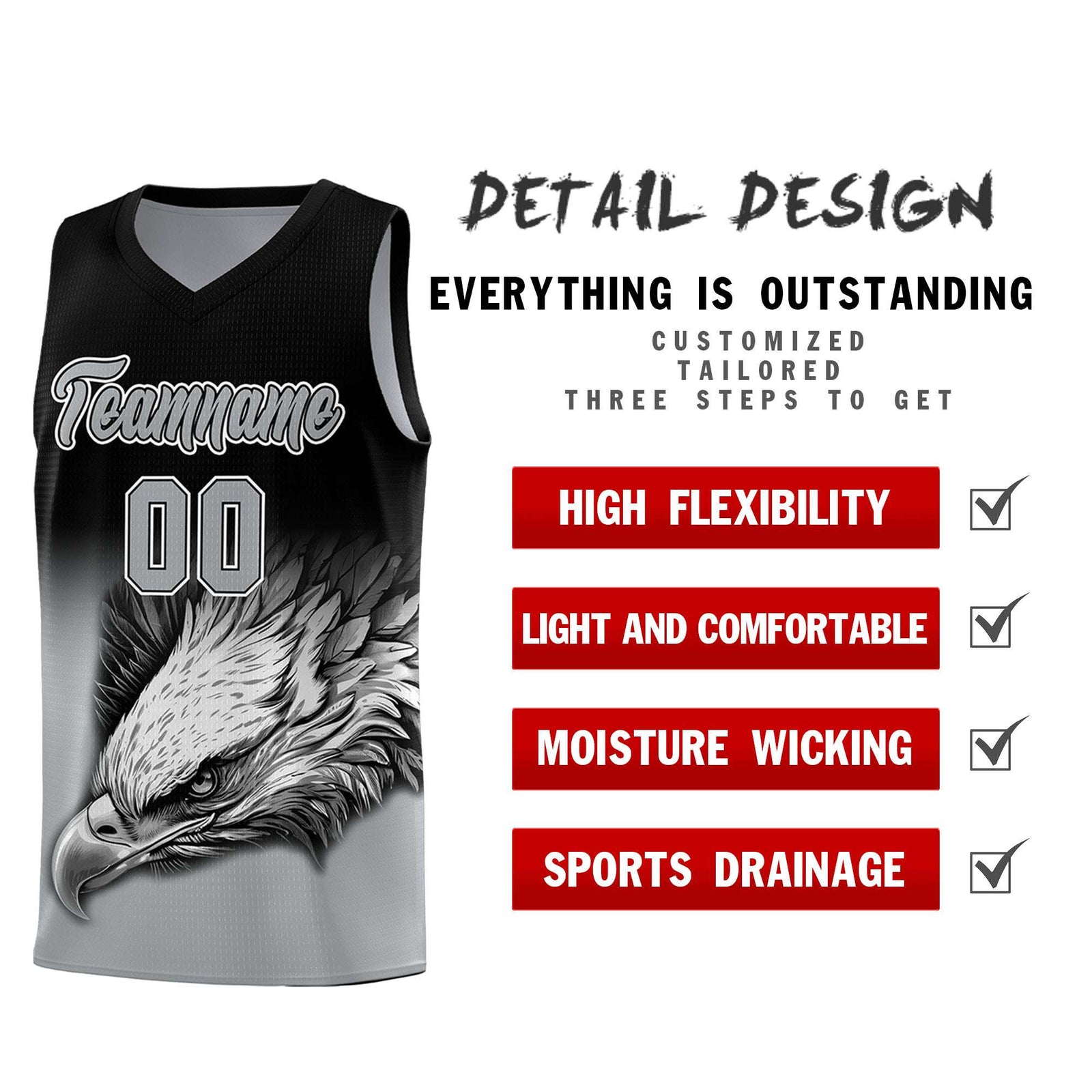 Custom Black Gray Eagle Pattern Graffiti Pattern Sports Uniform Basketball Jersey
