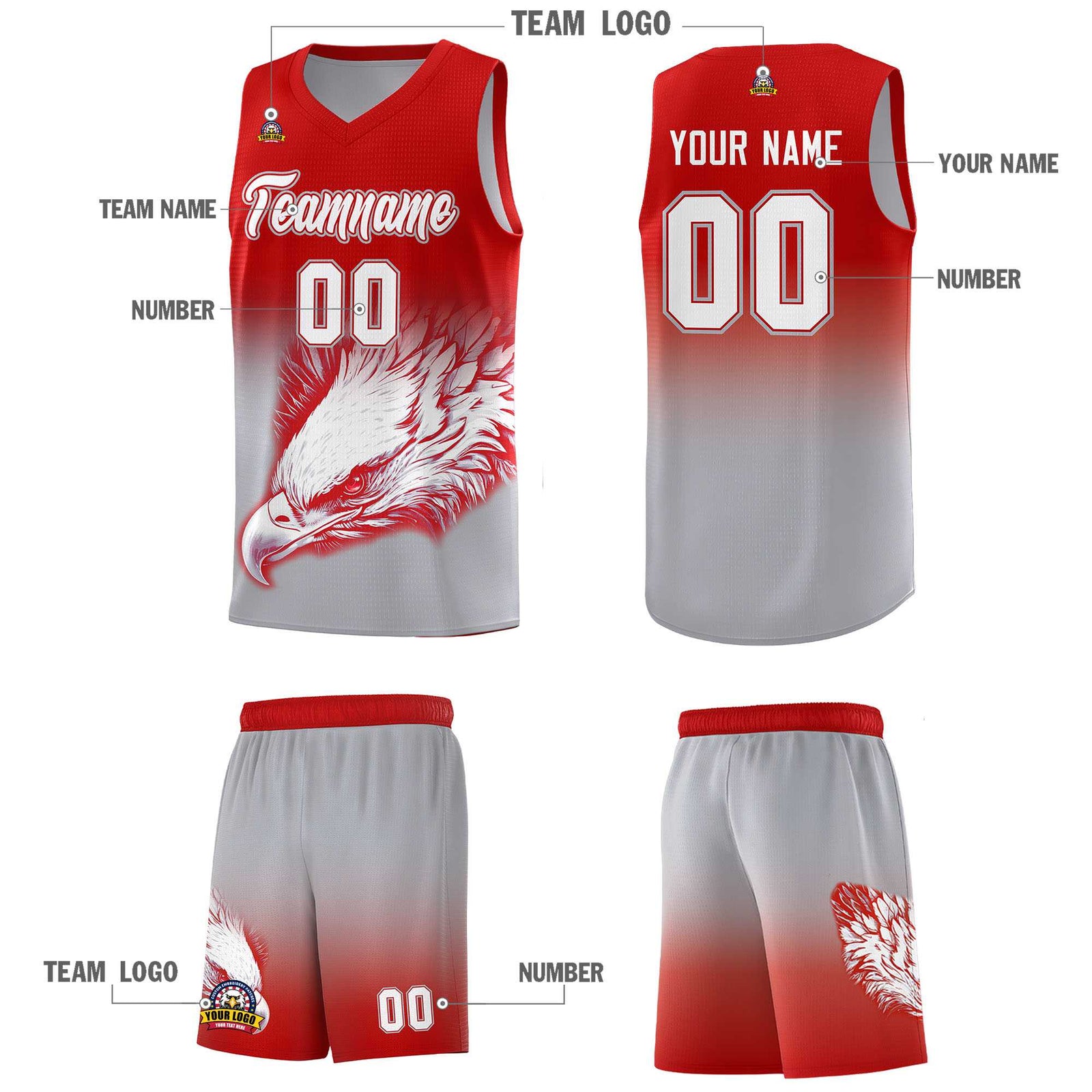 Custom Red Gray Eagle Pattern Graffiti Pattern Sports Uniform Basketball Jersey