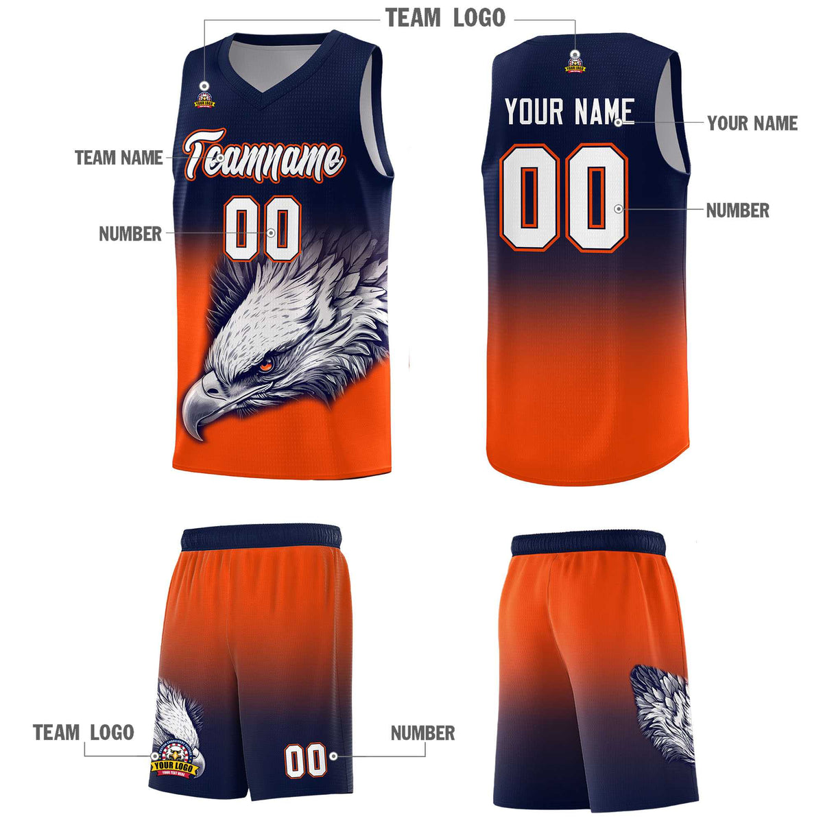 Custom Navy Orange Eagle Pattern Graffiti Pattern Sports Uniform Basketball Jersey