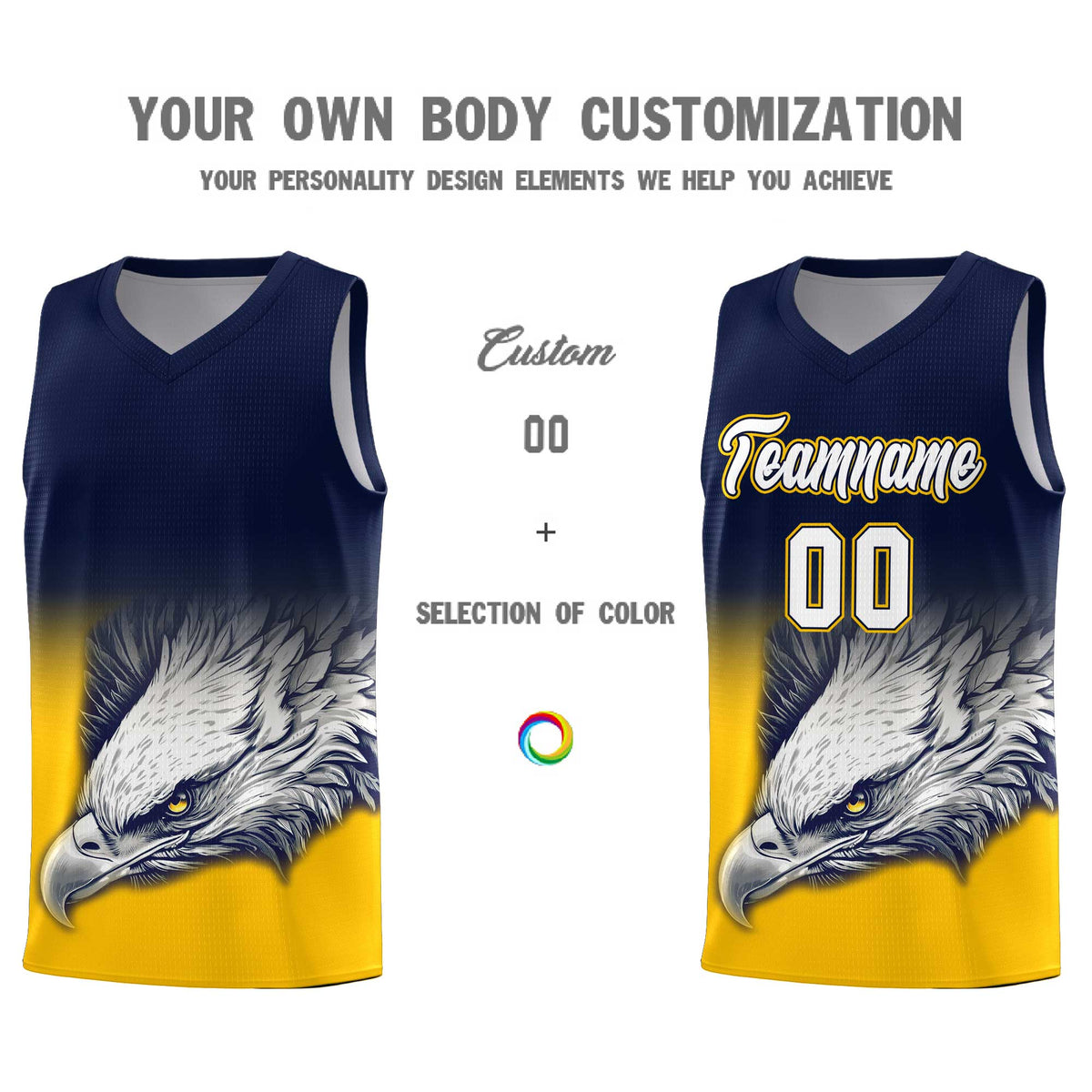 Custom Navy Yellow Eagle Pattern Graffiti Pattern Sports Uniform Basketball Jersey