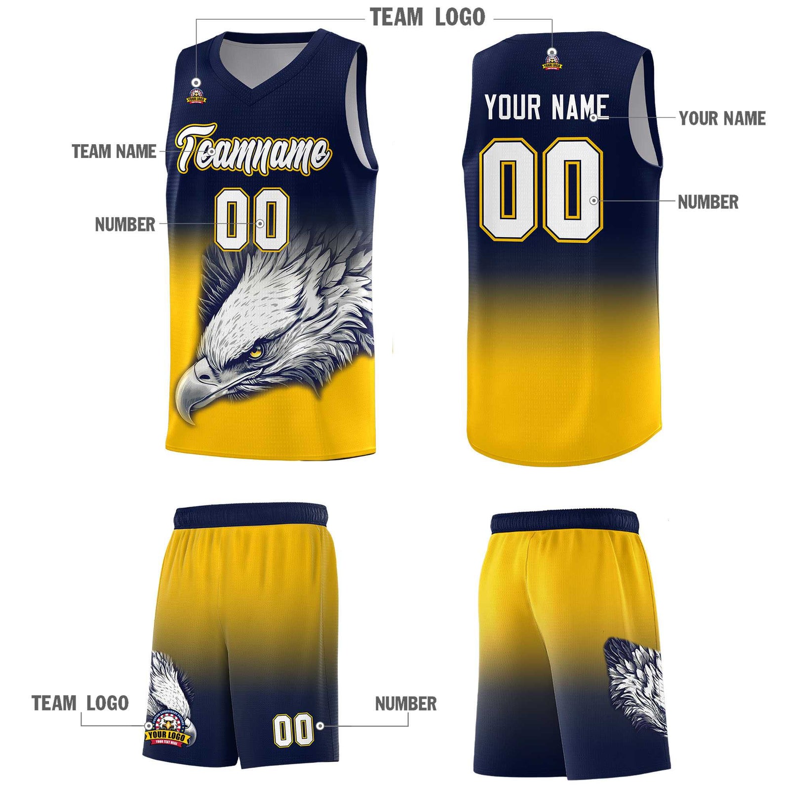 Custom Navy Yellow Eagle Pattern Graffiti Pattern Sports Uniform Basketball Jersey