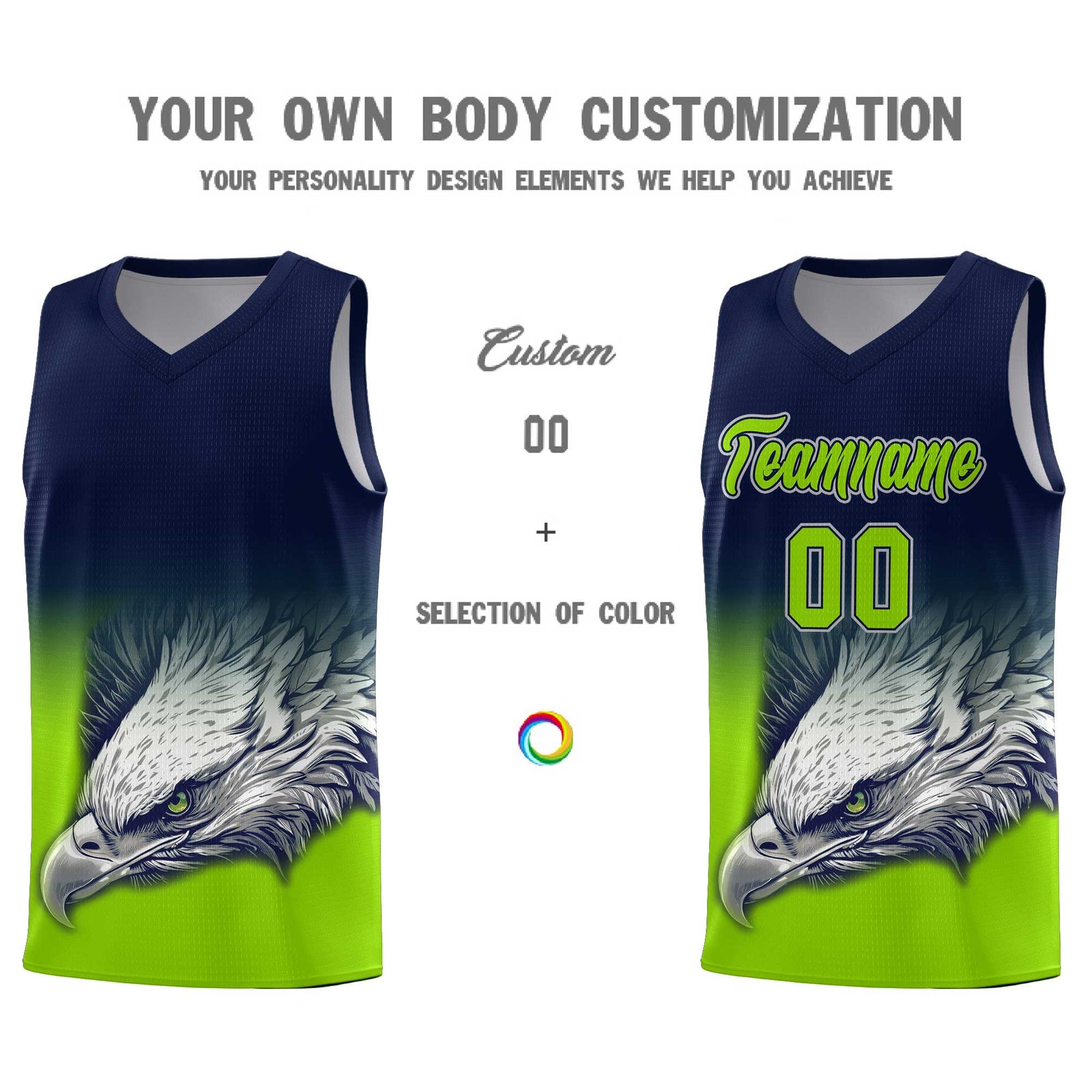 Custom Navy Neon Green Eagle Pattern Graffiti Pattern Sports Uniform Basketball Jersey