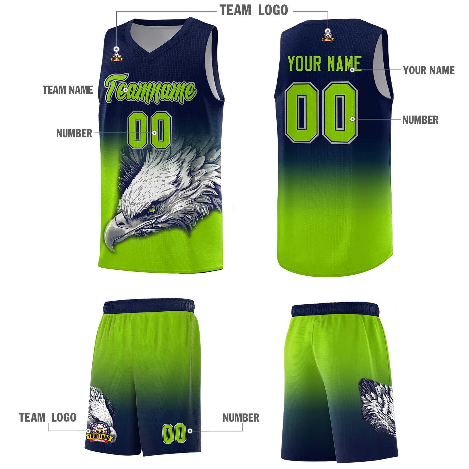 Custom Navy Neon Green Eagle Pattern Graffiti Pattern Sports Uniform Basketball Jersey