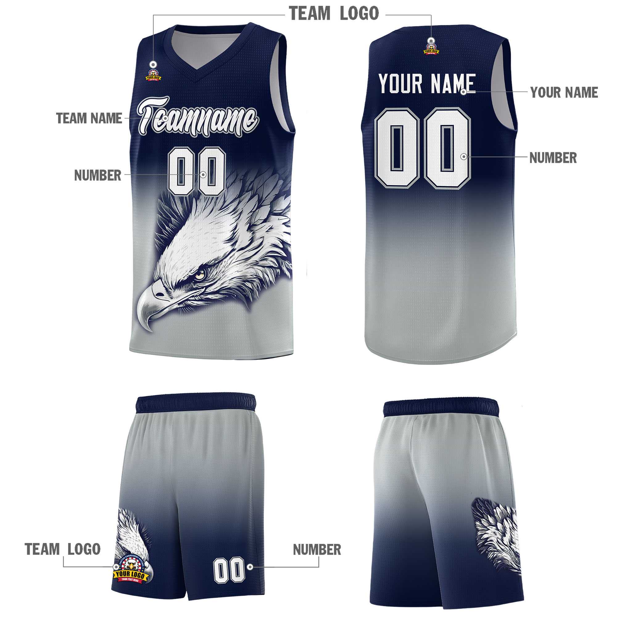 Custom Navy Gray Eagle Pattern Graffiti Pattern Sports Uniform Basketball Jersey