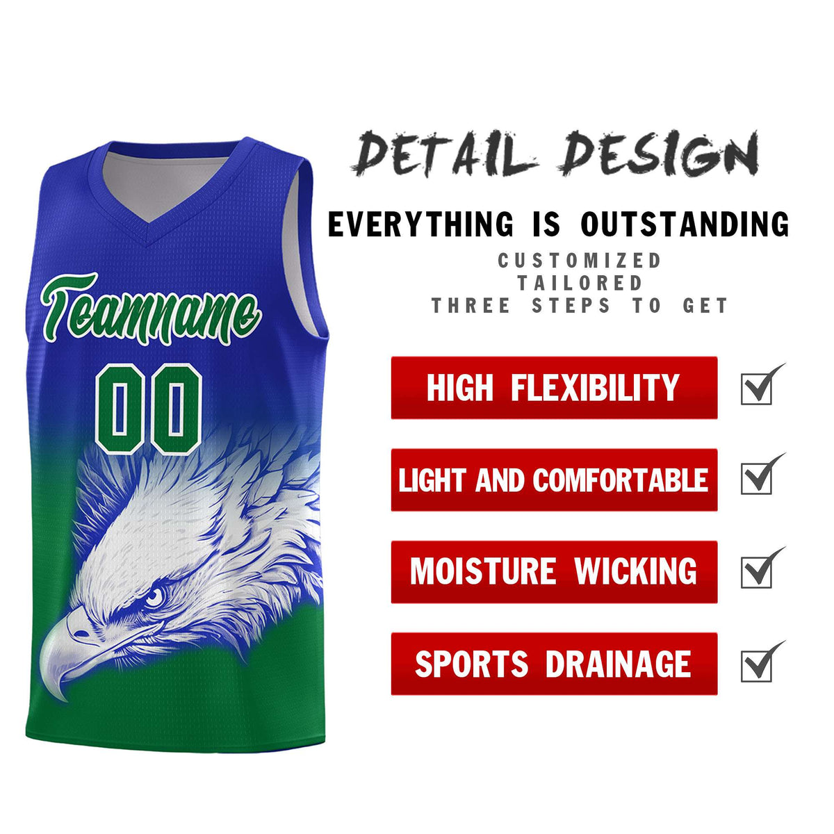 Custom Royal Kelly Green Eagle Pattern Graffiti Pattern Sports Uniform Basketball Jersey