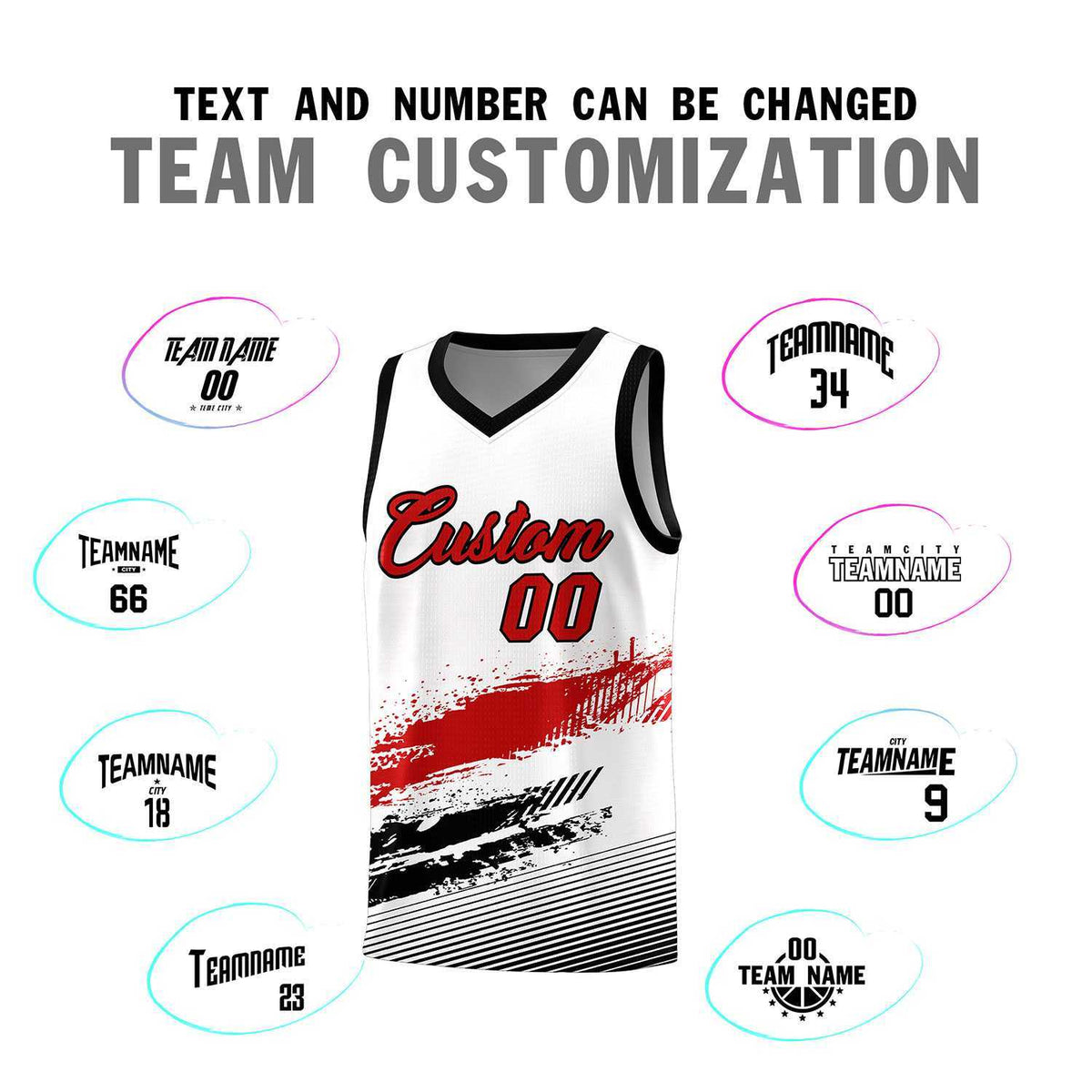 Custom White Red and Black Graffiti Pattern Sports Uniform Basketball Jersey
