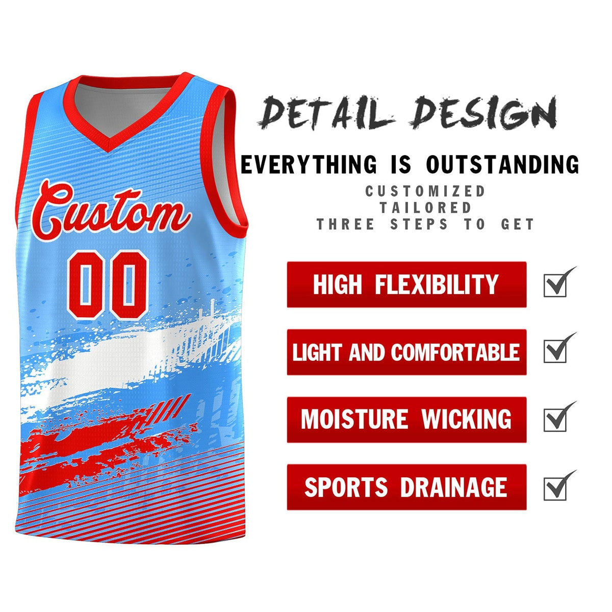 Custom Powder Blue White and Red Graffiti Pattern Sports Uniform Basketball Jersey