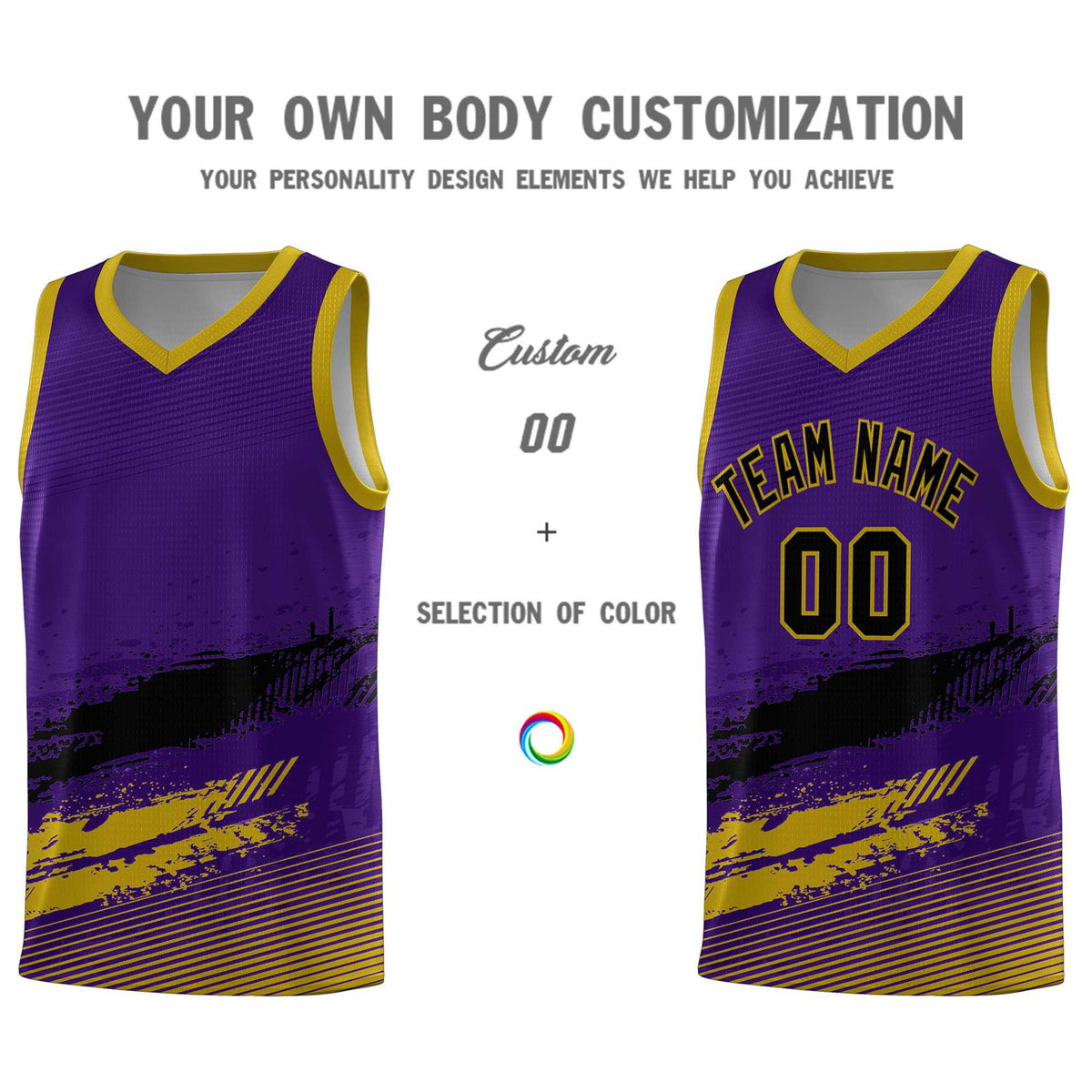 Custom Purple Black and Old Gold Graffiti Pattern Sports Uniform Basketball Jersey