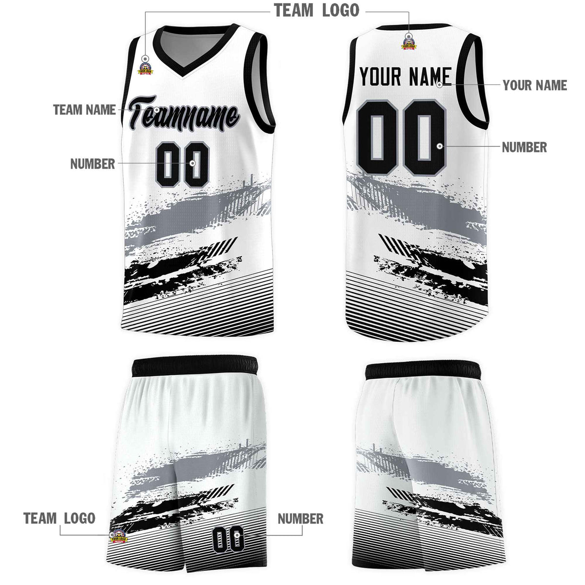 Custom White Gray and Black Graffiti Pattern Sports Uniform Basketball Jersey