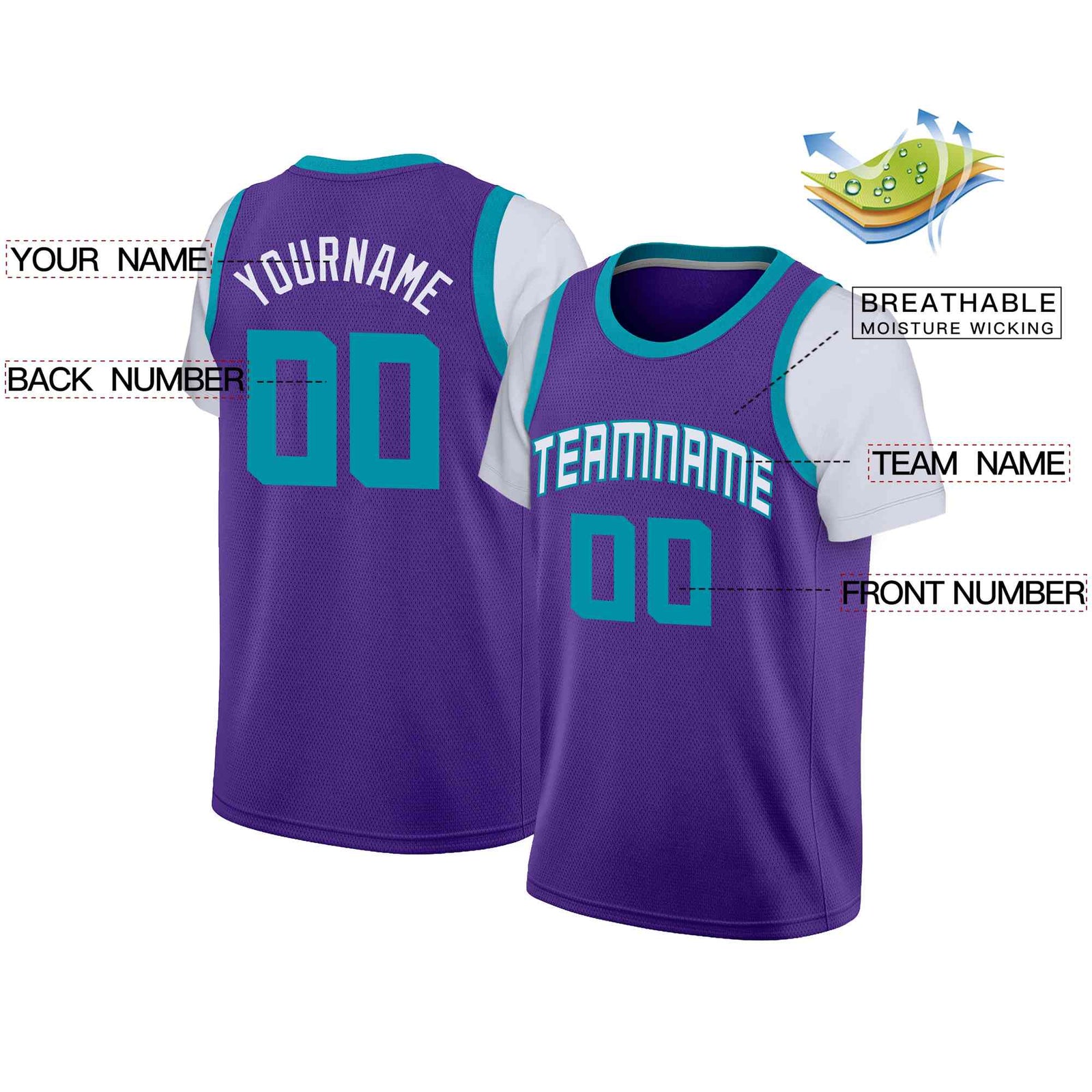 Custom Purple White-Teal Classic Tops Casual Fake Sleeve Basketball Jersey