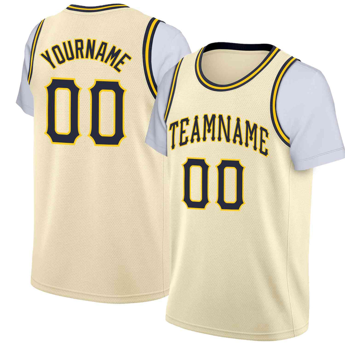 Custom Cream Navy-Yellow Classic Tops Casual Fake Sleeve Basketball Jersey