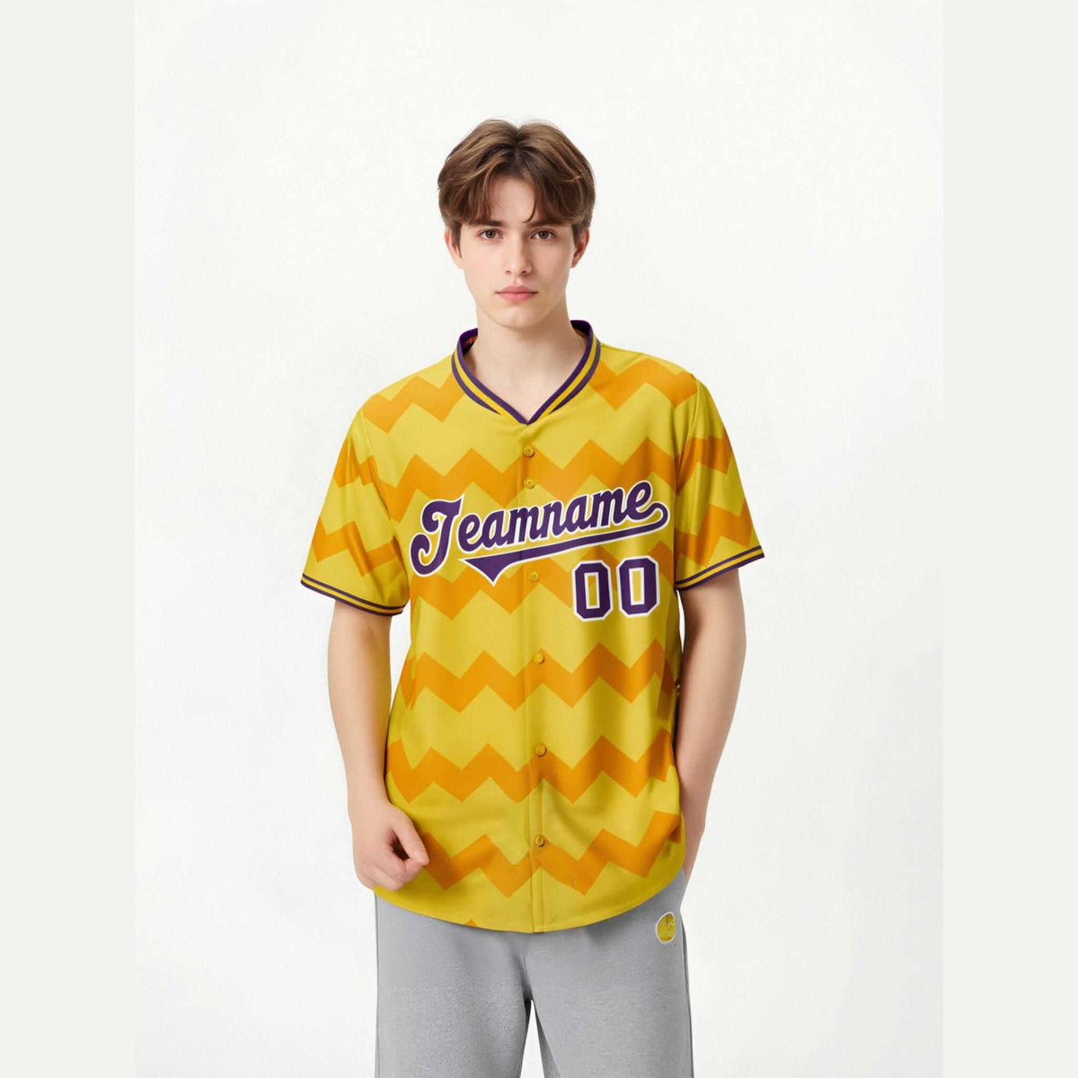 Custom Gold Purple White Authentic Corrugated Fashion Baseball Jersey