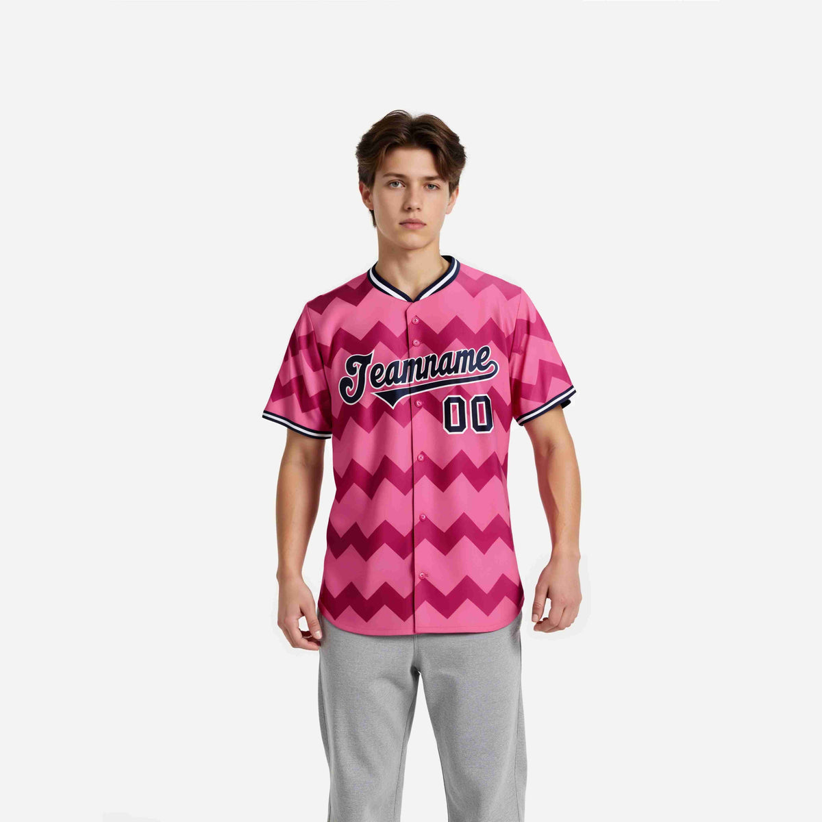 Custom Pink Navy White Authentic Corrugated Fashion Baseball Jersey